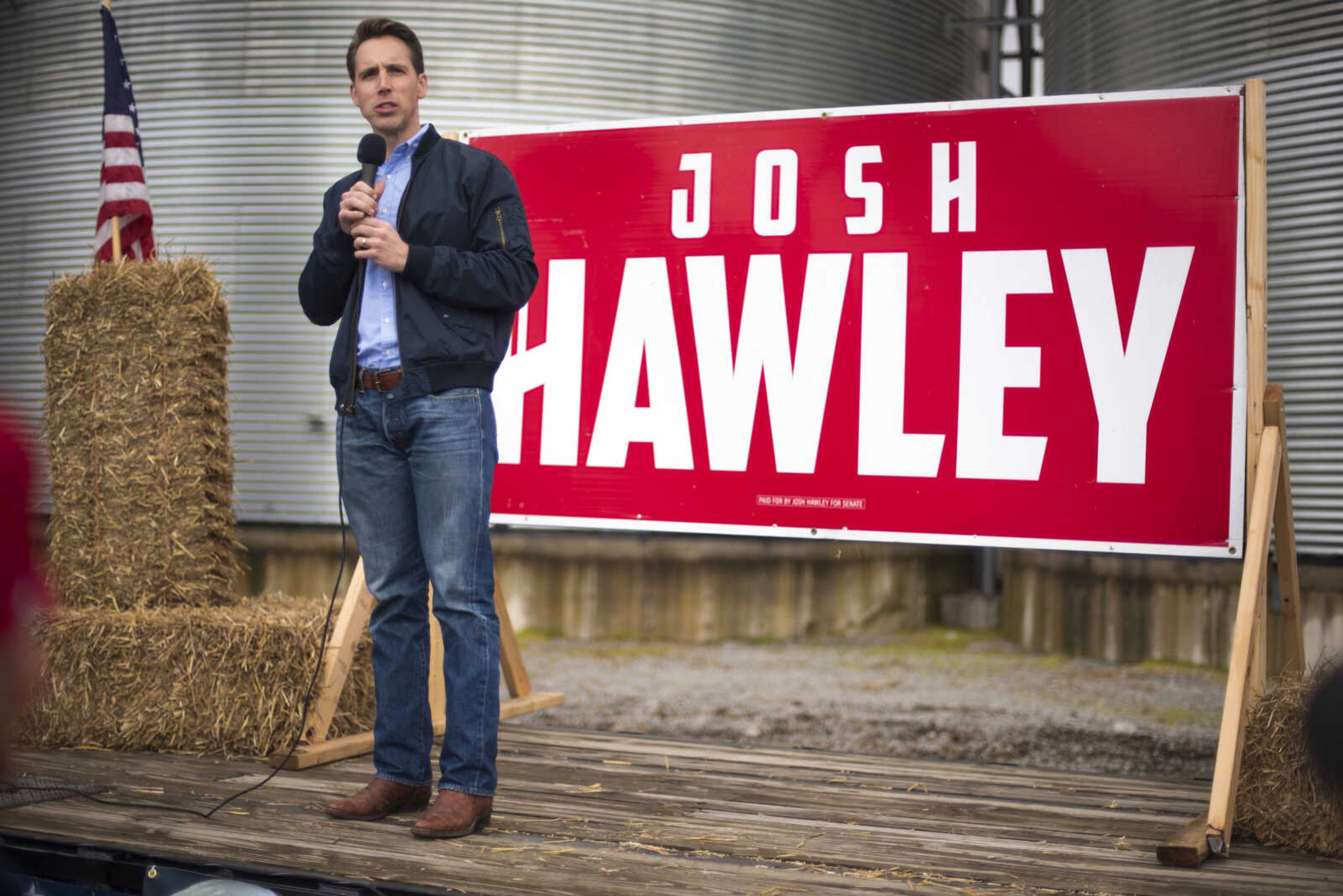 Missouri Republican candidate Josh Hawley speaks at a campaign rally Friday, Oct. 26, 2018, in Scott City.