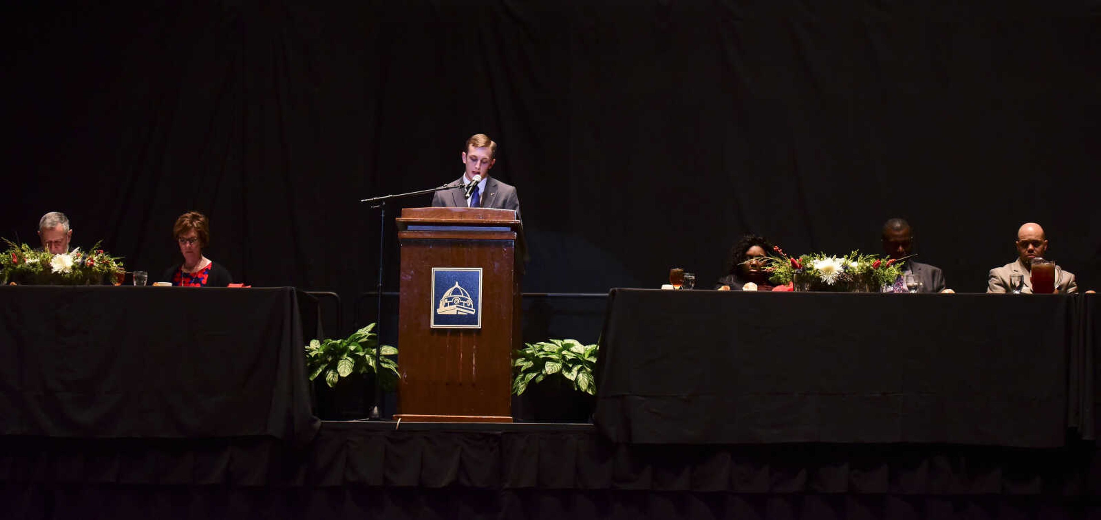 Bradley Jones, Student Regent, introduces the keynote speaker, Dr. Mary Frances Berry, during the Dr. Martin Luther King, Jr. Celebration Dinner Wednesday, Jan. 18, 2017 at the Show Me Center in Cape Girardeau.