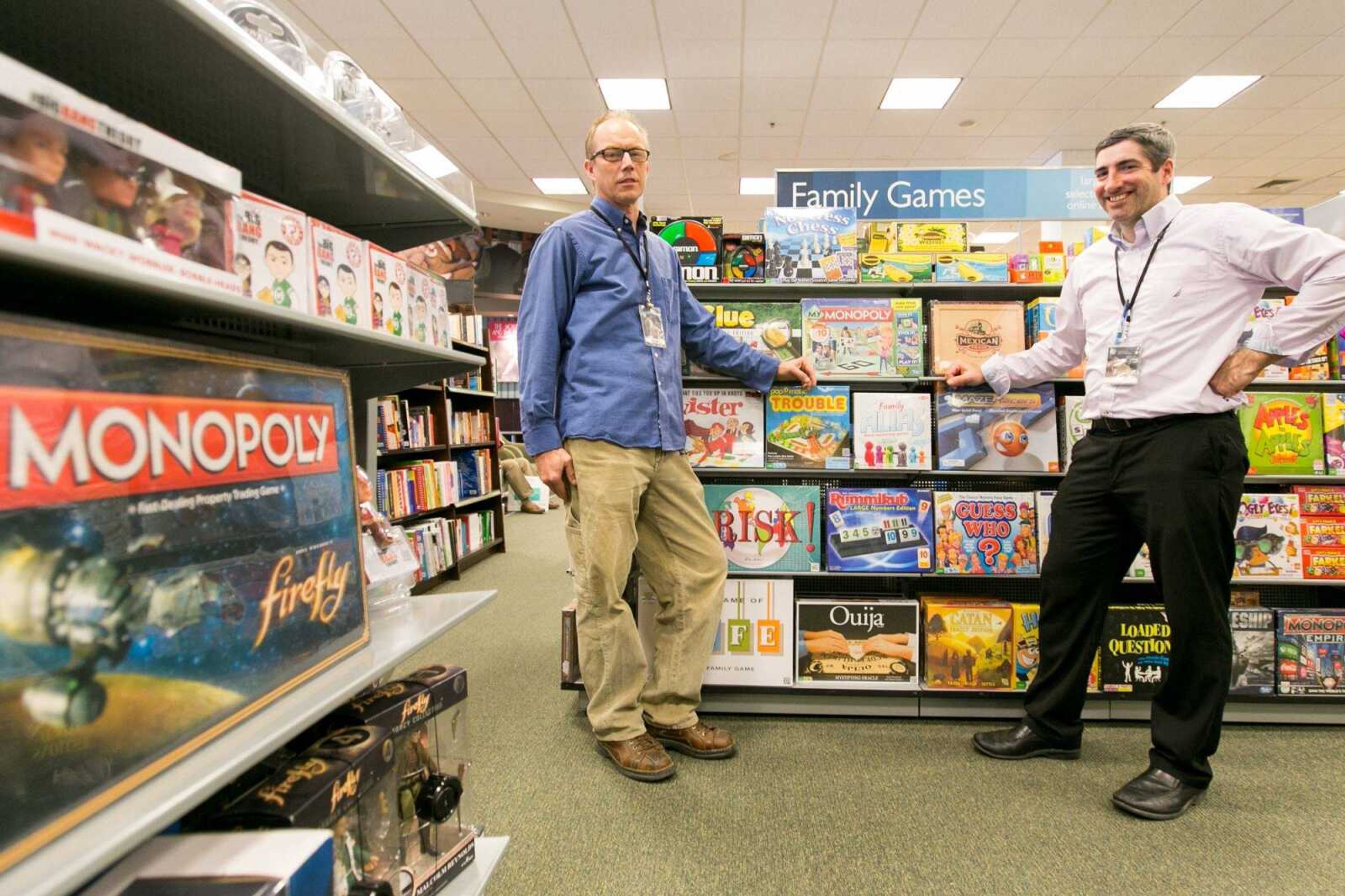 Daniel Seiler, community business development manager, and Jamie Goffey, store manager at Barnes and Noble in Cape Girardeau pose for a photo in the family games section Tuesday, Oct. 20, 2015. (Glenn Landberg)