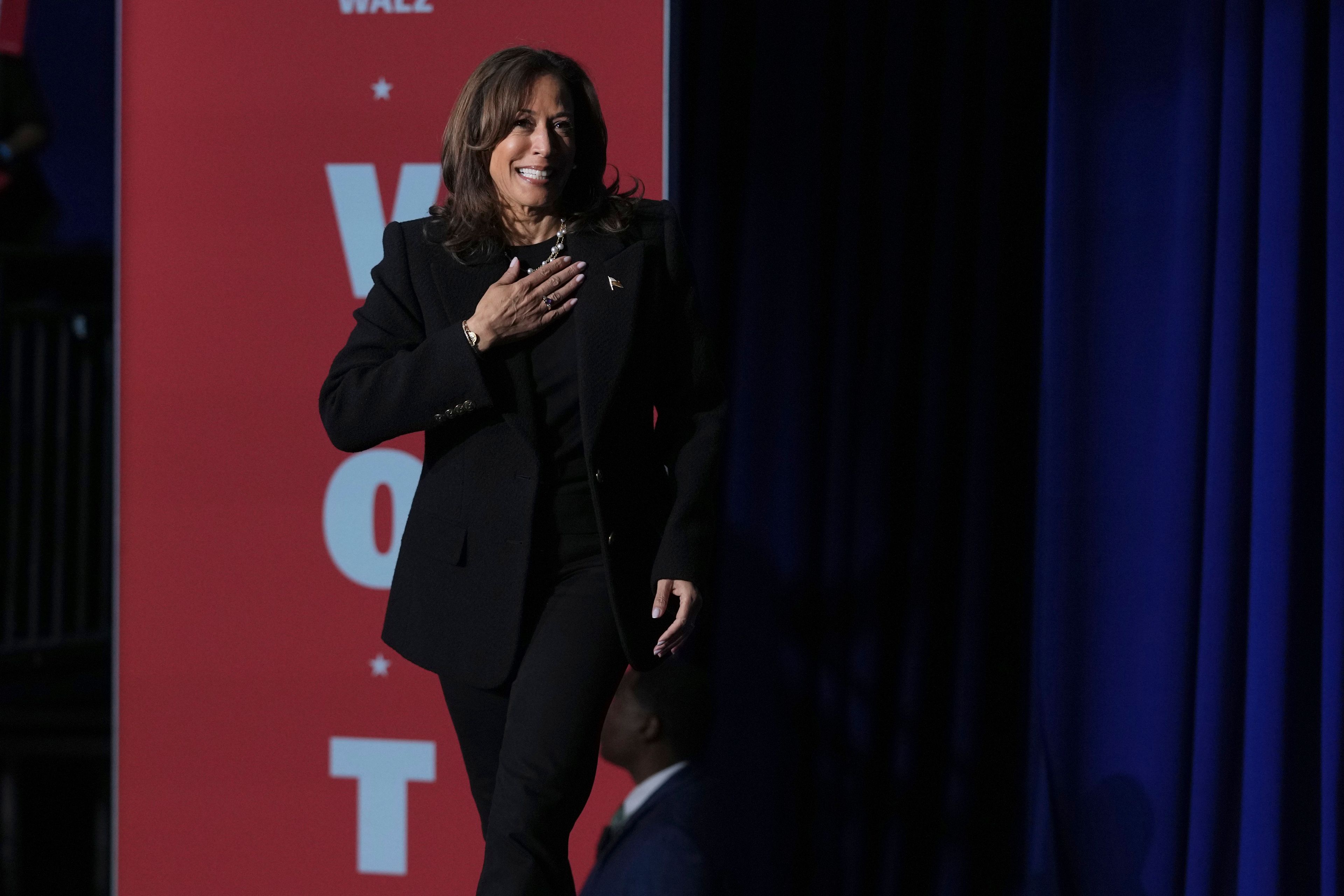 Democratic presidential nominee Vice President Kamala Harris arrives to speak during a campaign rally in Memorial Hall at Muhlenberg College in Allentown, Pa., Monday, Nov. 4, 2024. (AP Photo/Susan Walsh)