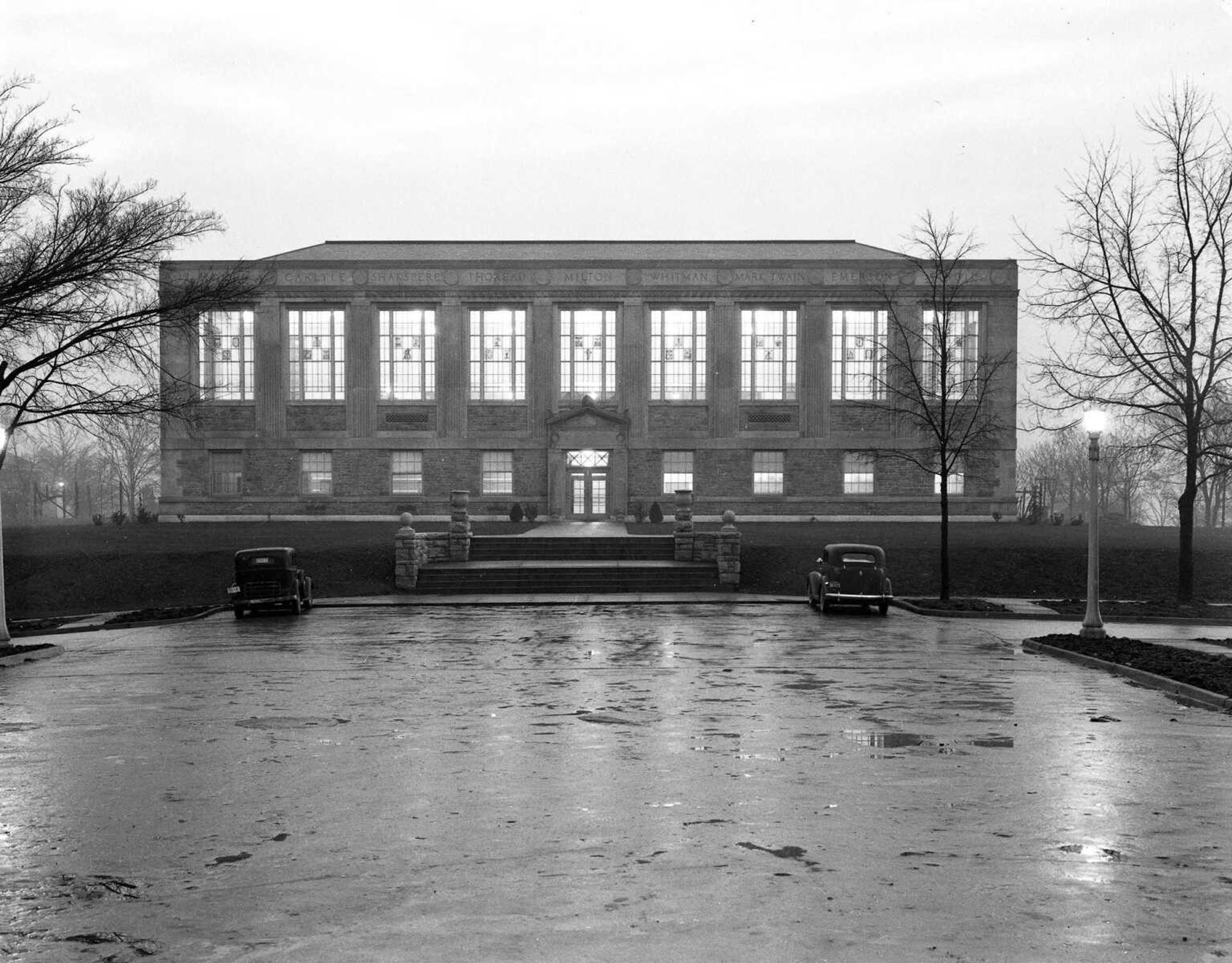 This undated photograph shows a brightly-lit Kent Library at dusk. (Southeast Missourian archive photo)