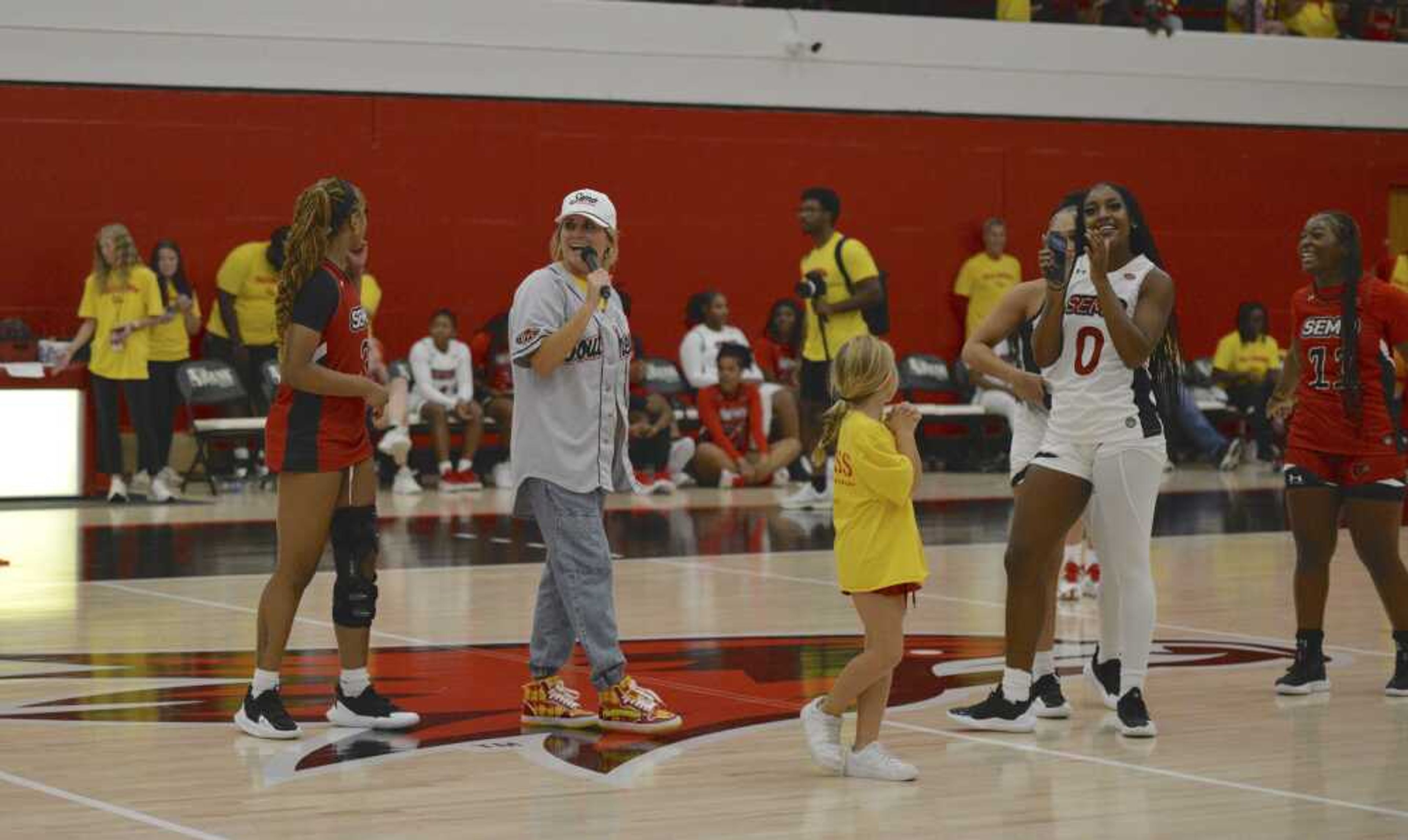 Southeast Missouri State women’s basketball coach Briley Palmer addresses the crowd during Houckamania on Oct. 11 at Houck Field House in Cape Girardeau.