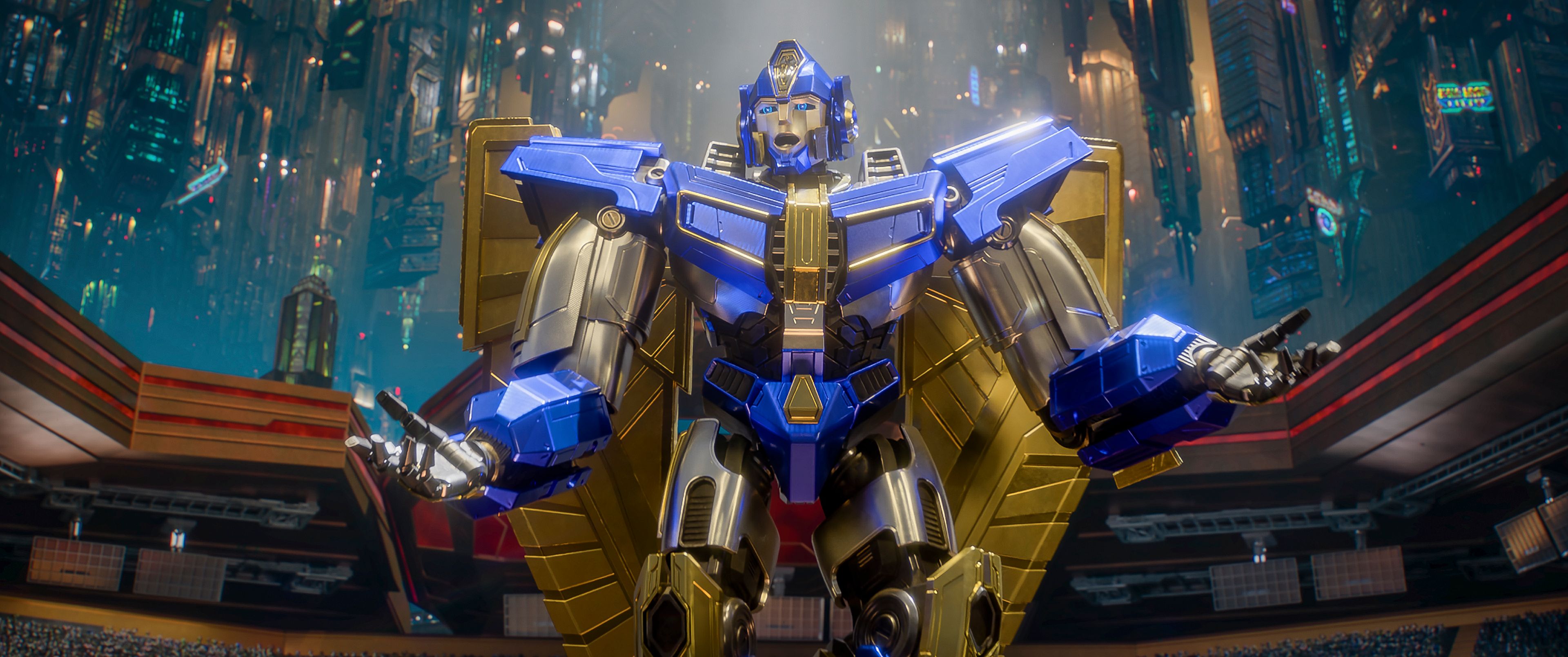 This image released by Paramount Pictures shows character Sentinel Prime, voiced by Jon Hamm, in a scene from "Transformers One." (Paramount Pictures via AP)