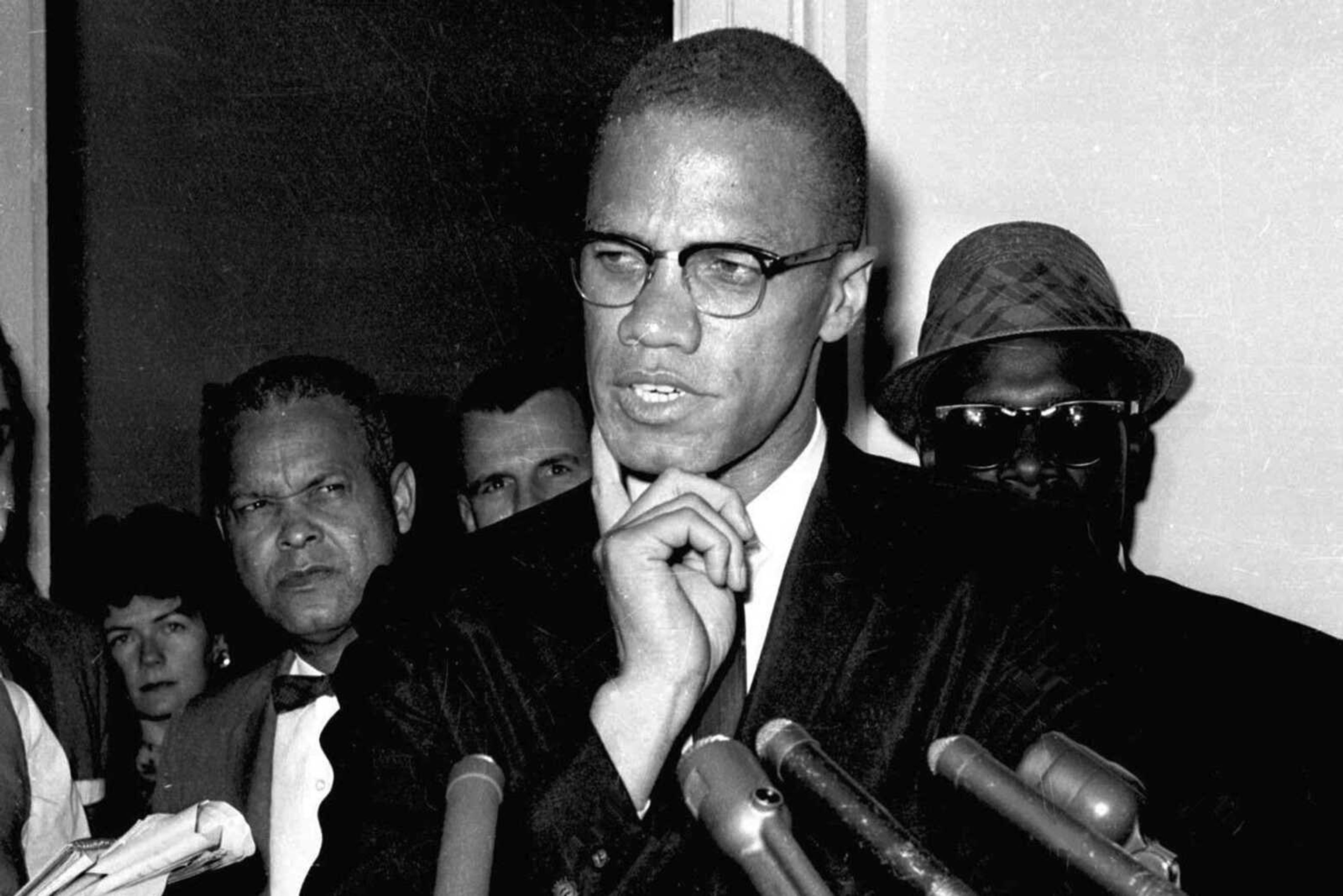 Malcolm X speaks to reporters May 16, 1963, in Washington, D.C.