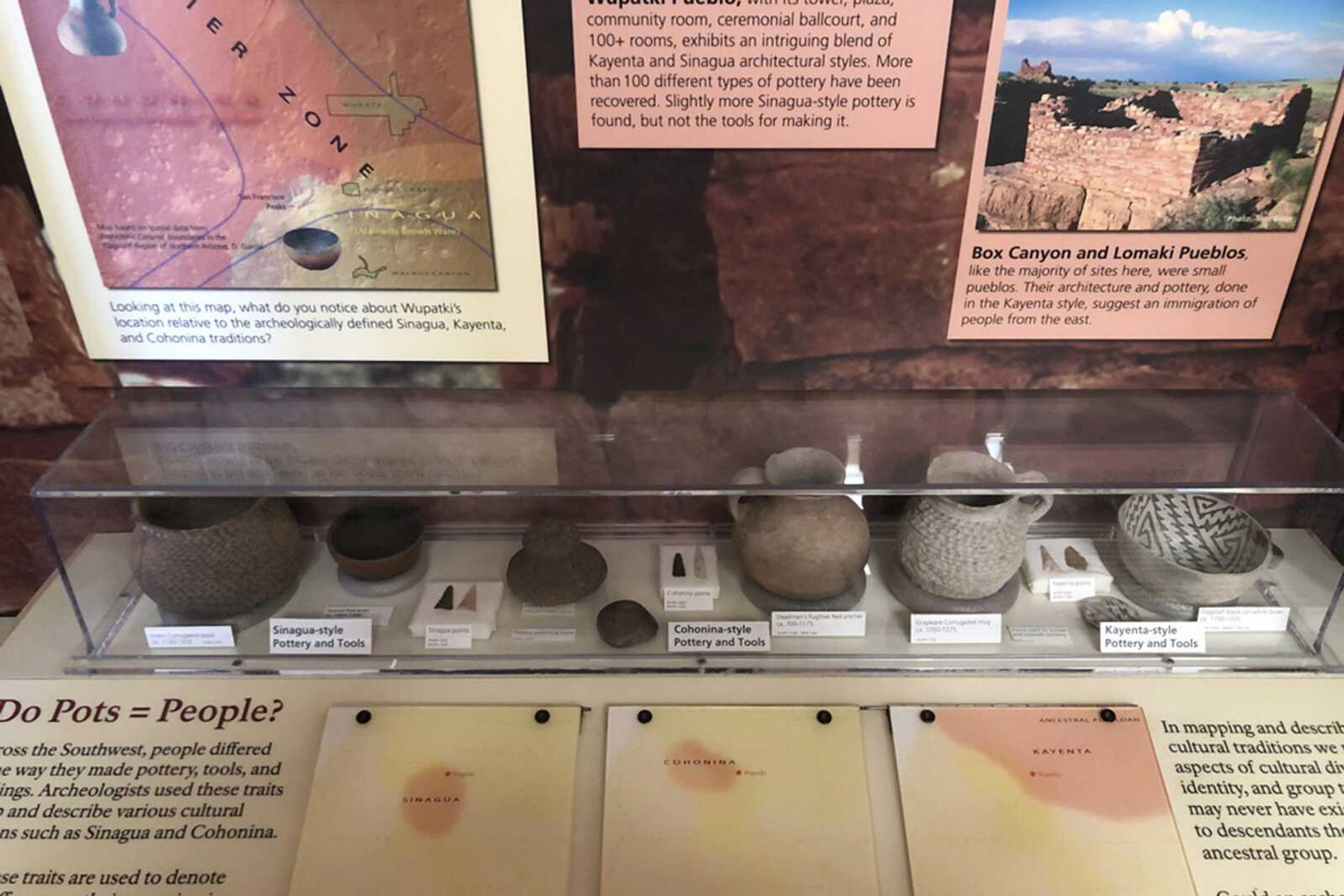 This undated photo provided shows centuries-old pottery on display at Wupatki National Monument outside Flagstaff, Arizona. The monument and artifacts have been evacuated twice in spring 2022 because of wildfires.