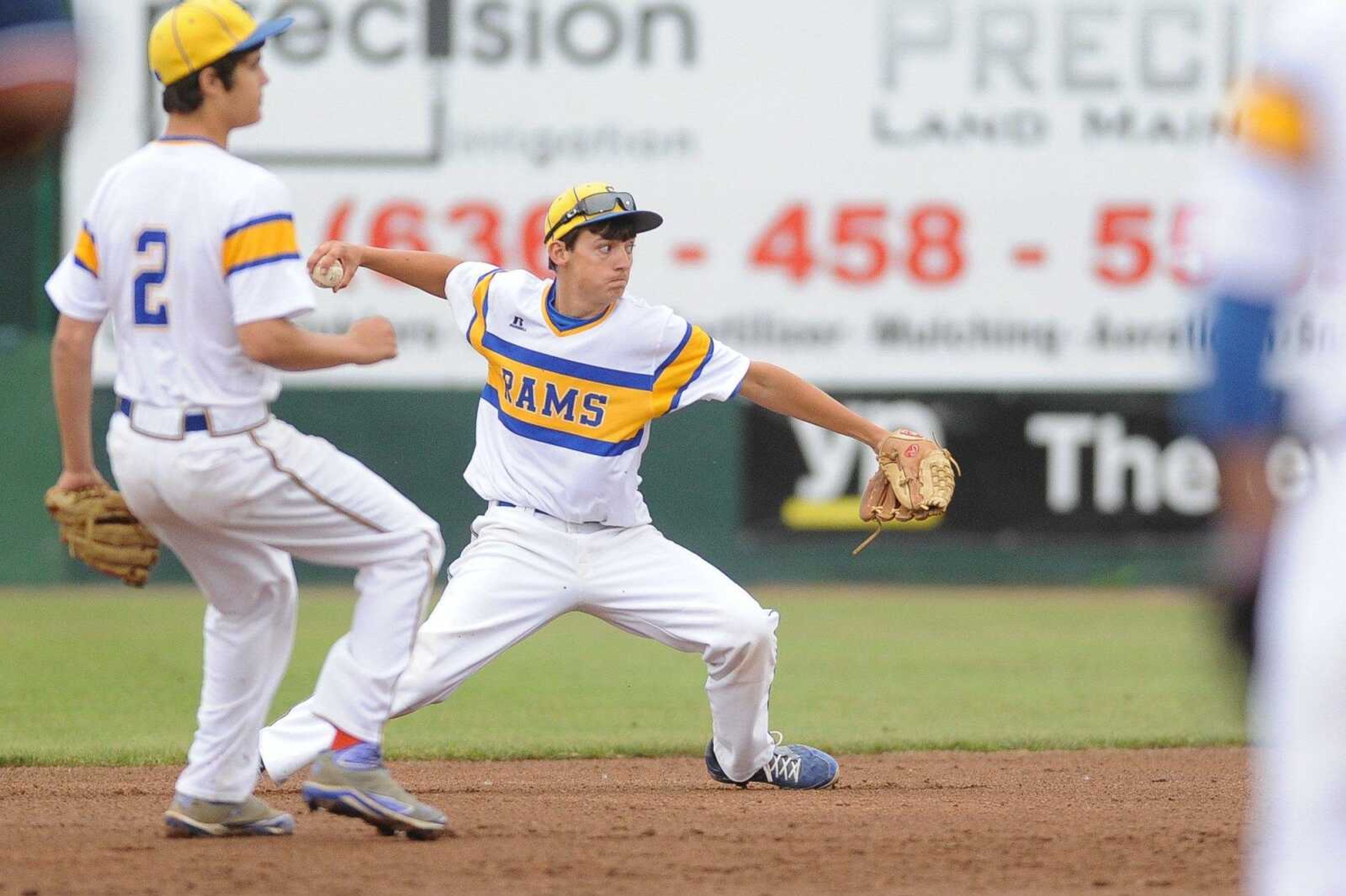 Scott City's Dylan Menz throws to first base for an out in the first inning against Warsaw during a Class 3 semifinal Monday, June 1, 2015 in O Fallon, Missouri. (Glenn Landberg)