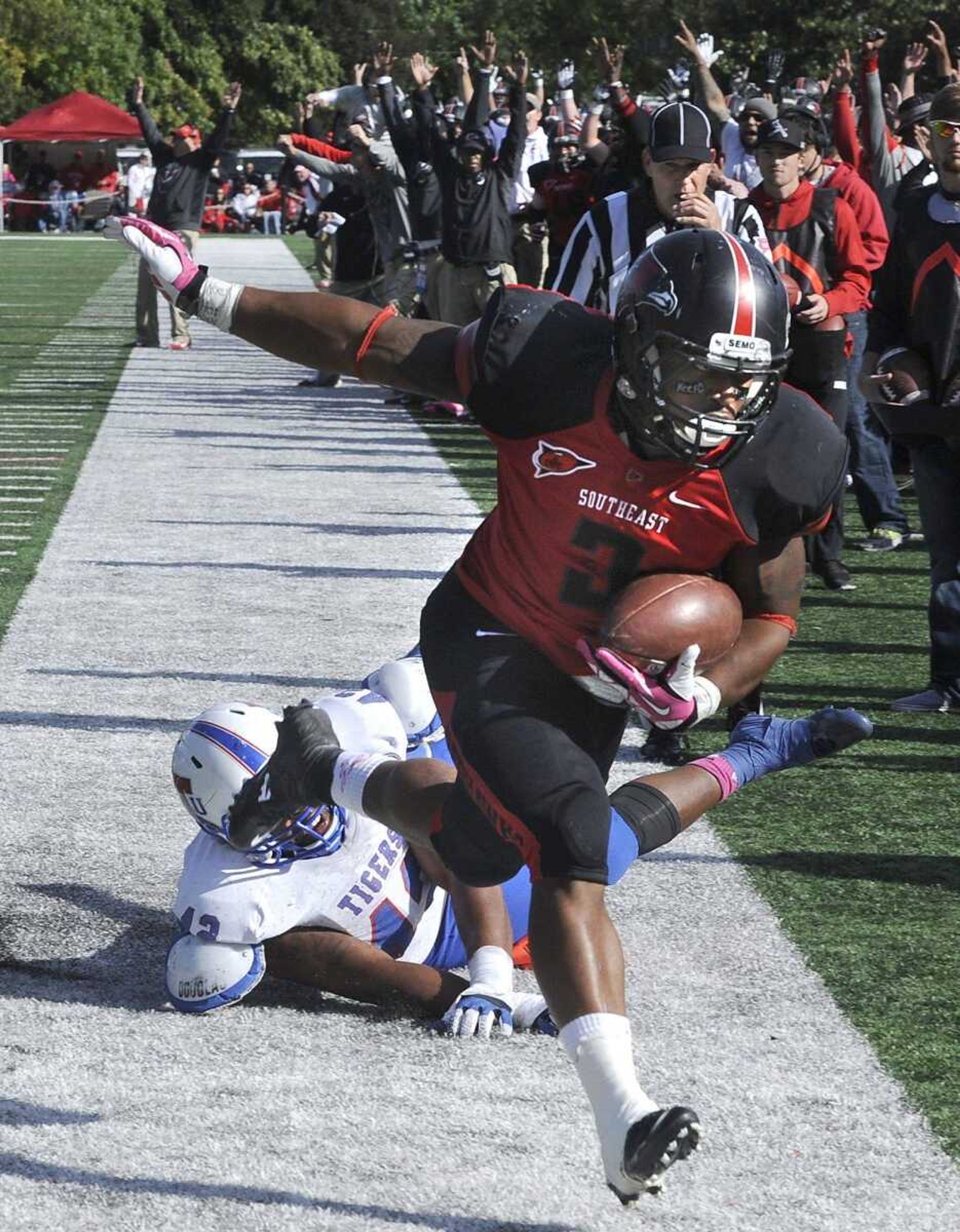 Southeast Missouri State&#8217;s Lennies McFerren leaves Tennessee State&#8217;s Nick Thrasher behind to score the last touchdown of the fourth quarter Saturday at Houck Stadium. (Fred Lynch)