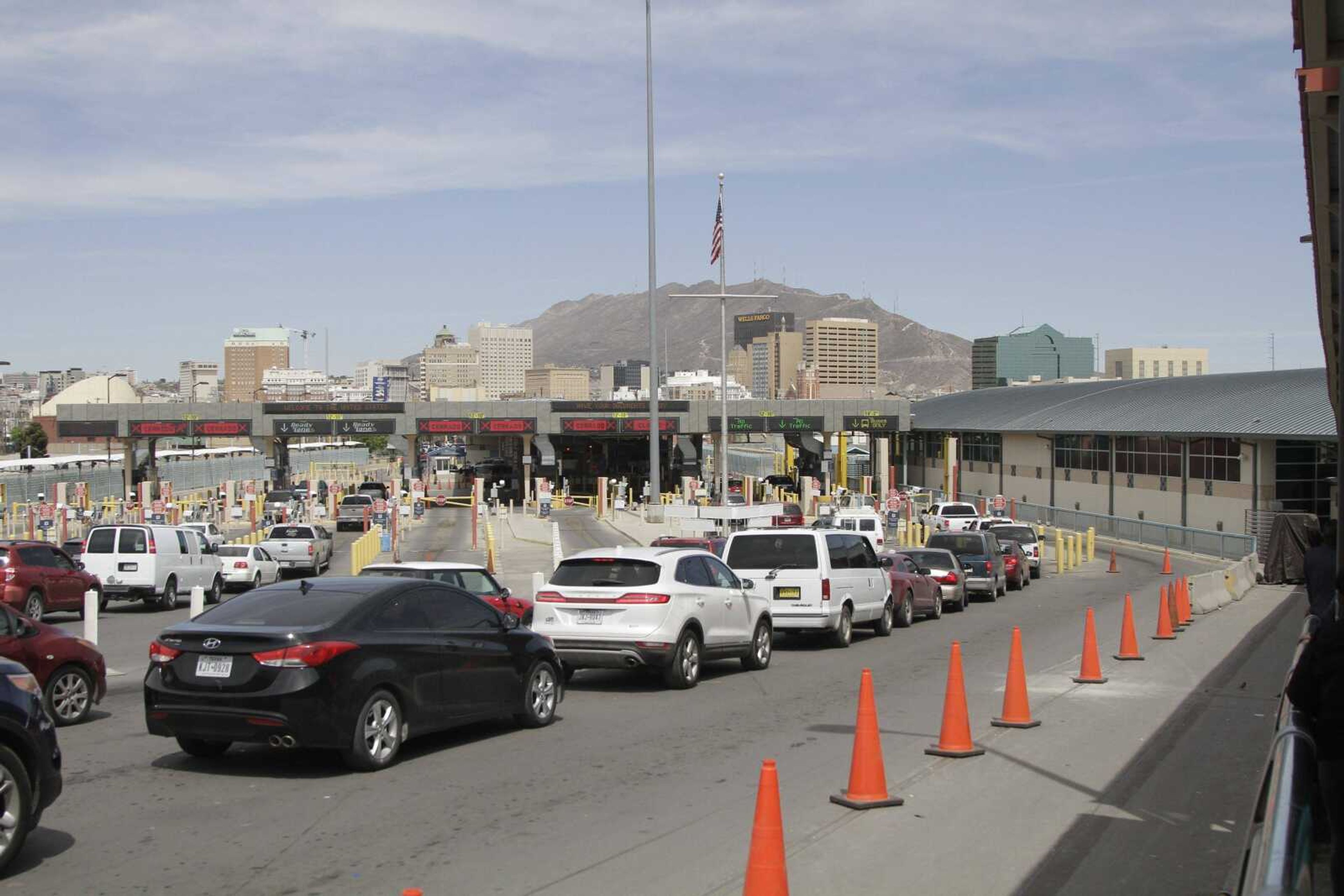 Vehicles from Mexico and the U.S. approach a border crossing in El Paso, Texas, on Monday. Waits at the border have significantly increased in recent days.