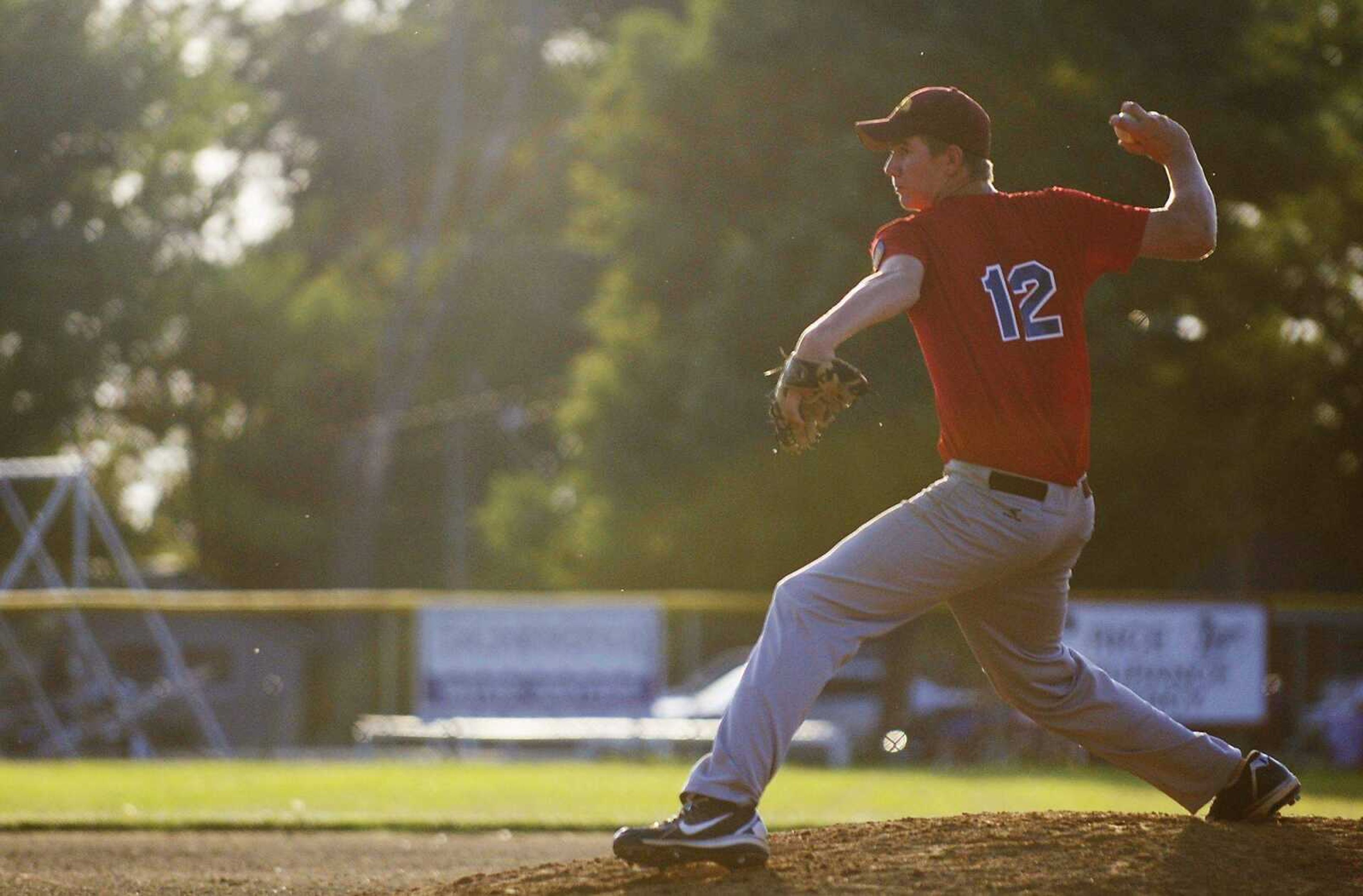 Scott County Senior Legion pitcher Brent Forck throws to an East Prairie Senior Babe Ruth batter Wednesday at Harmon Field in Chaffee, Mo. (Adam Vogler)