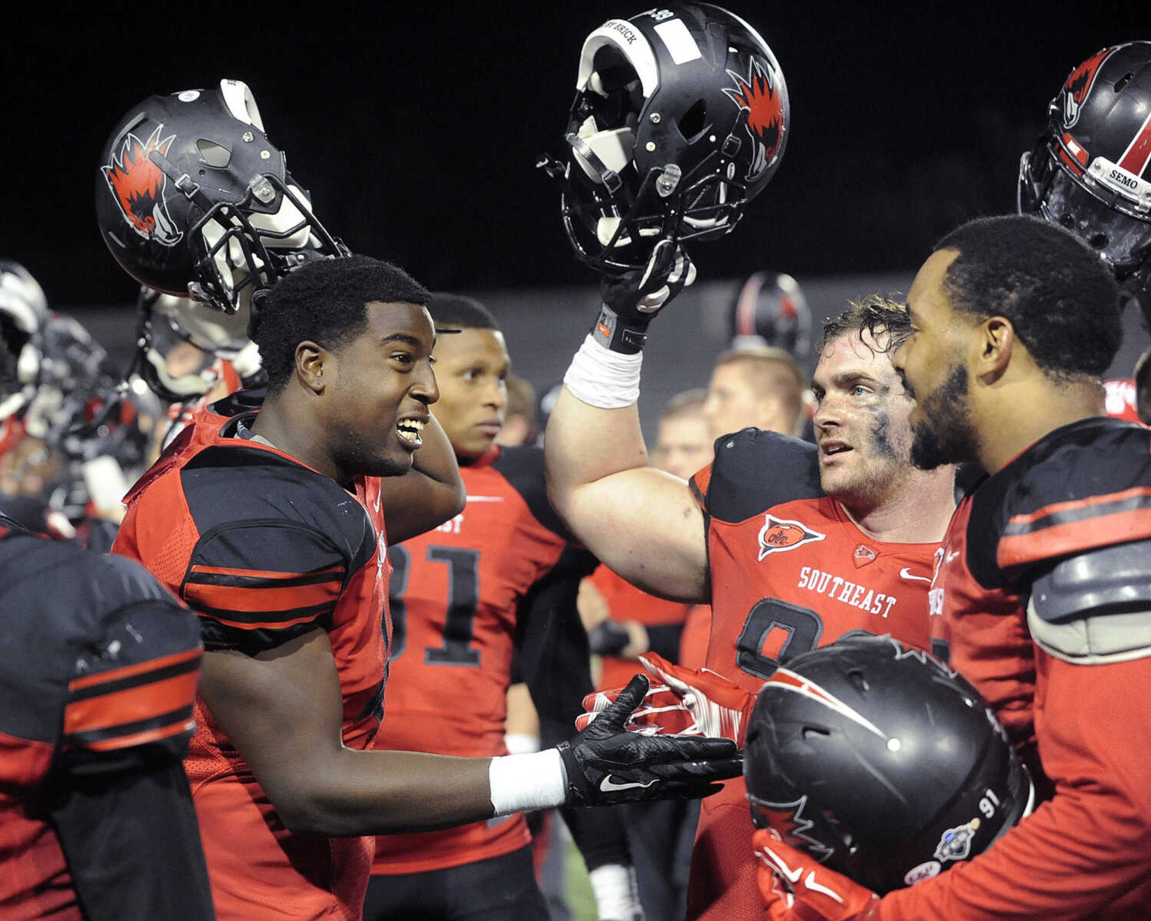 The Redhawks celebrate their 27-10 victory over Murray State Saturday, Oct. 3, 2015 at Houck Stadium. (Fred Lynch)