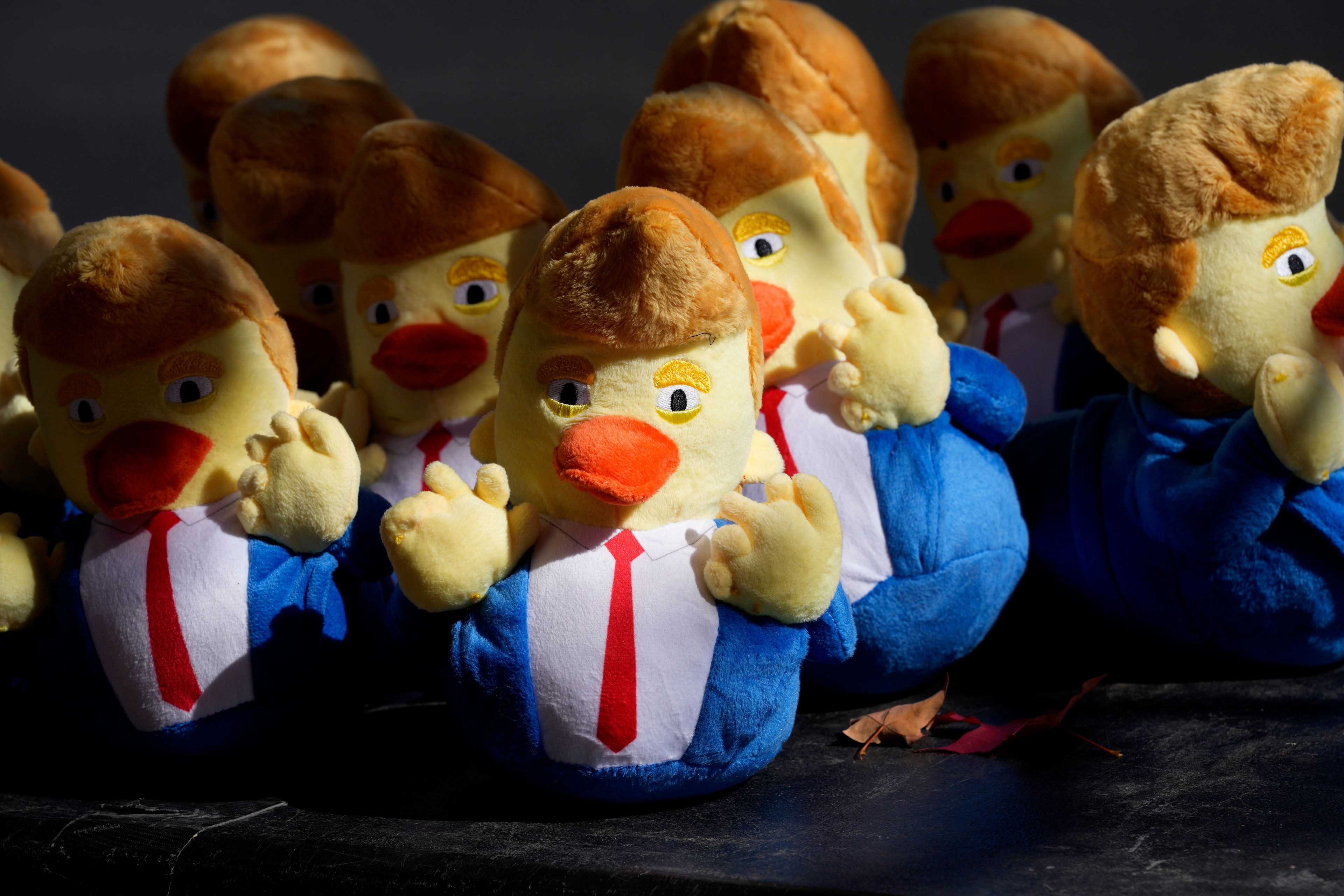 Donald Trump-themed stuffed toy ducks are pictured before the Republican presidential nominee former President arrives at the Lancaster Convention Center in Lancaster, Pa., Sunday, Oct. 20, 2024, where Trump will hold a town hall. (AP Photo/Susan Walsh)