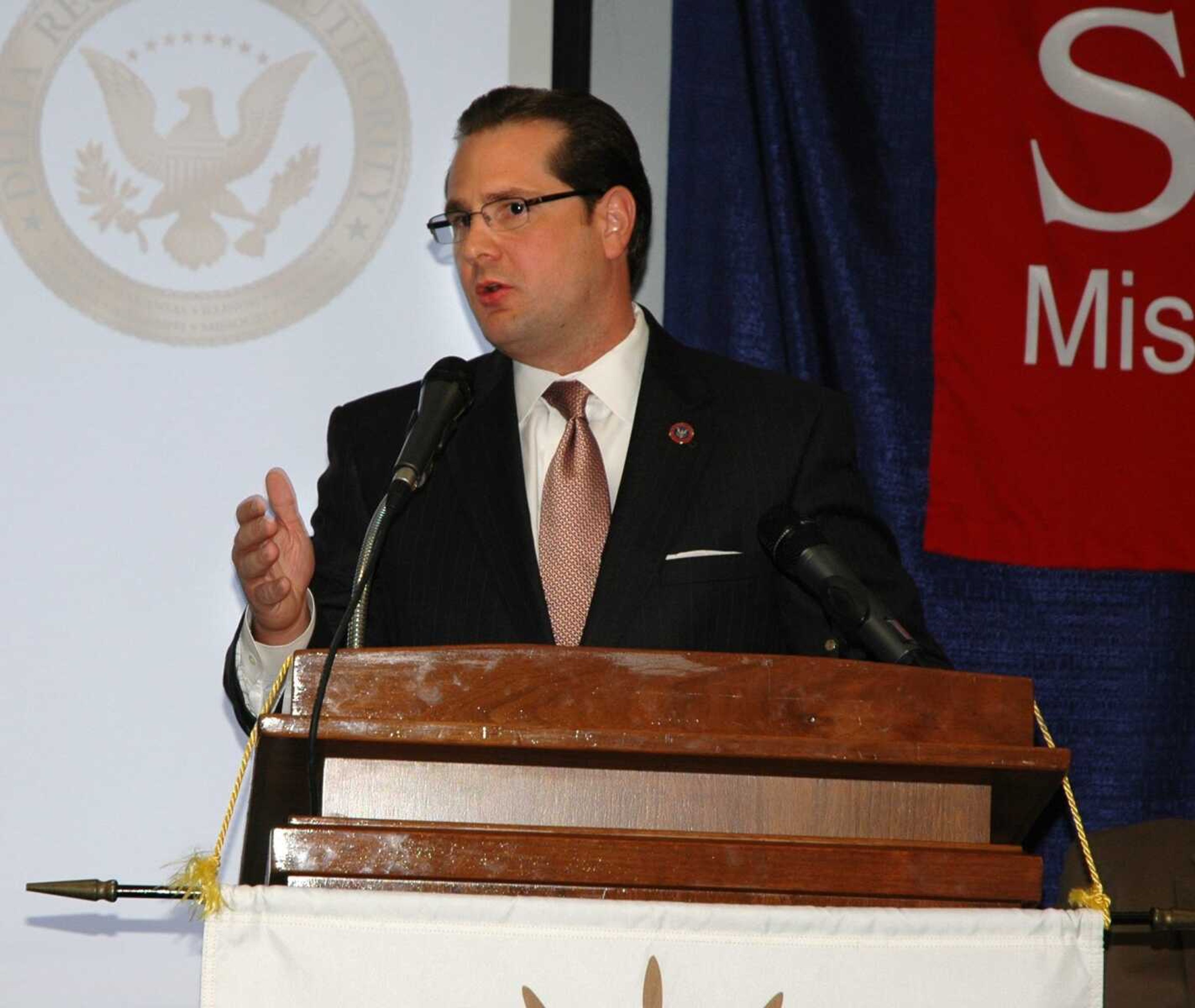 Chris Masingill, federal co-chairman of the Delta Regional Authority,
announced Friday the partnership of his organization with microfinance company Accion and the Center for Innovation and Entrepreneurship at Southeast Missouri State University during the Cape Girardeau Chamber of Commerce's First Friday Coffee at the Show Me Center. (Melissa Miller)