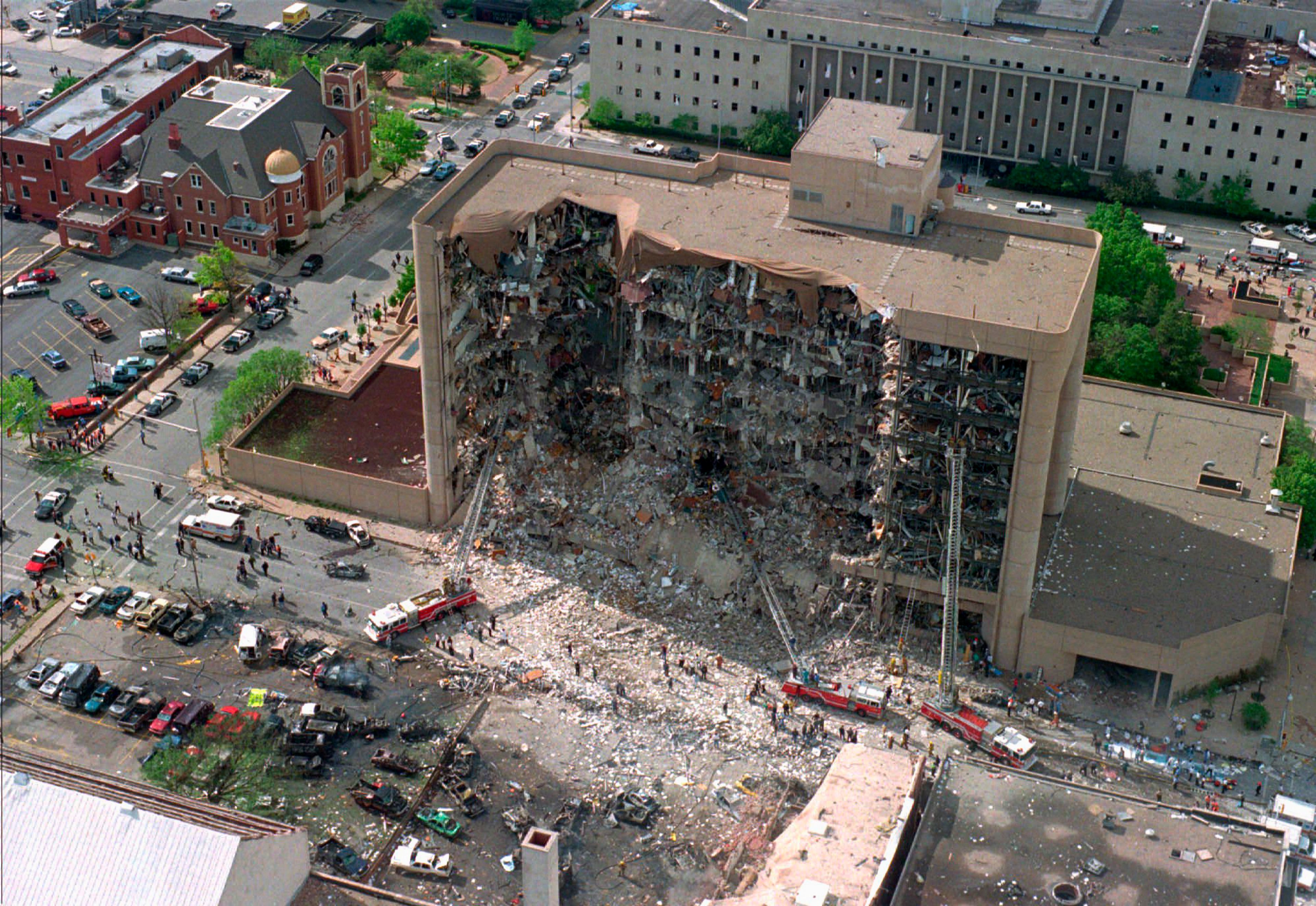 FILE - The north side of the Alfred P. Murrah Federal Building in Oklahoma City is seen April 19, 1995, after an explosion that killed 168 people and injured hundreds. (AP Photo/File)