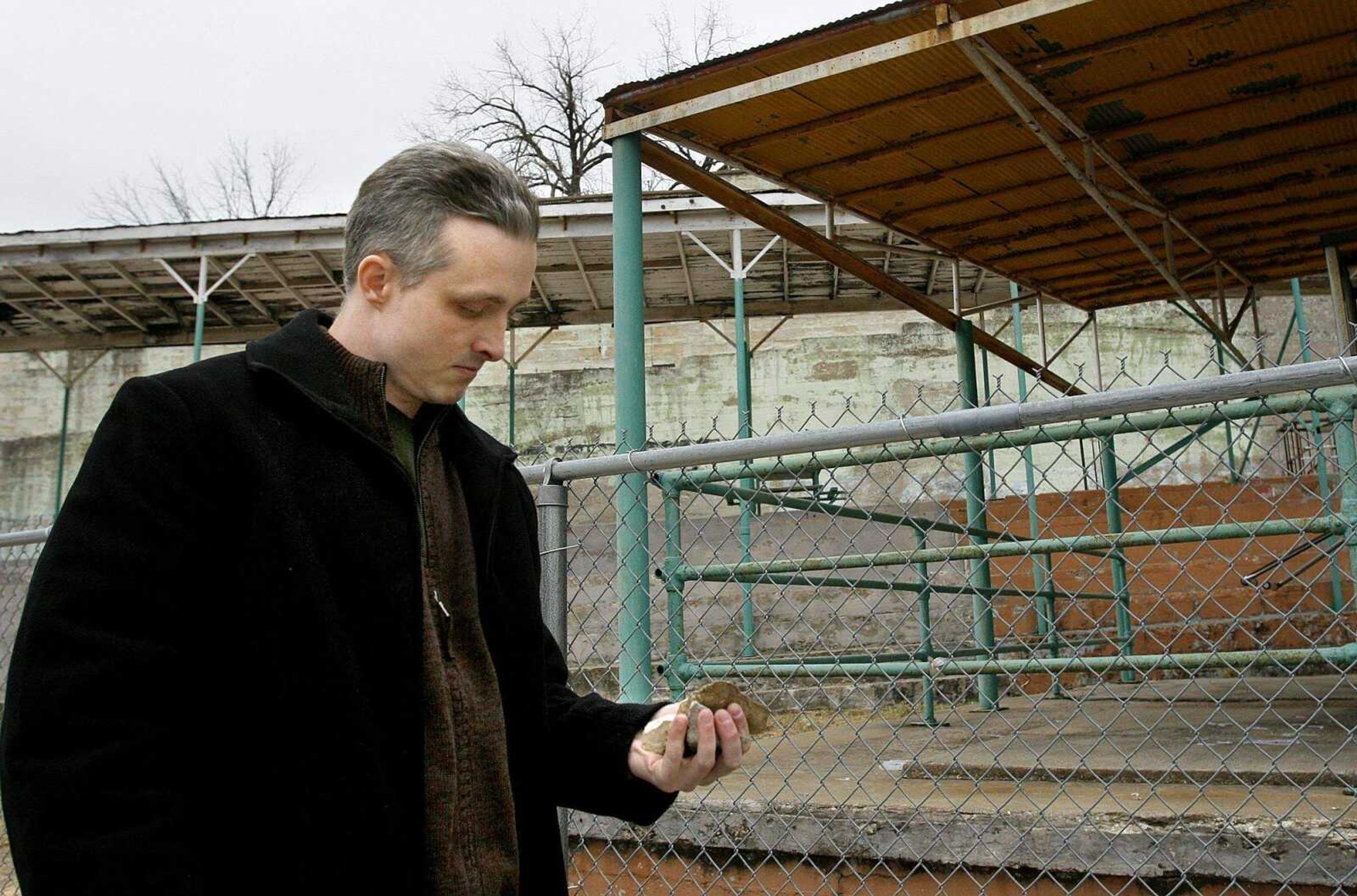 ELIZABETH DODD ~ edodd@semissourian.com
Joshua C. Kezer's second stop after getting out of prison was the "The Walls" or the Old Jefferson City Correctional Center where he was incarcerated for 10 years. While visiting the center Kezer picked up some rocks for souvenirs. "These rocks used to hold me but now I hold them," Kezer said.