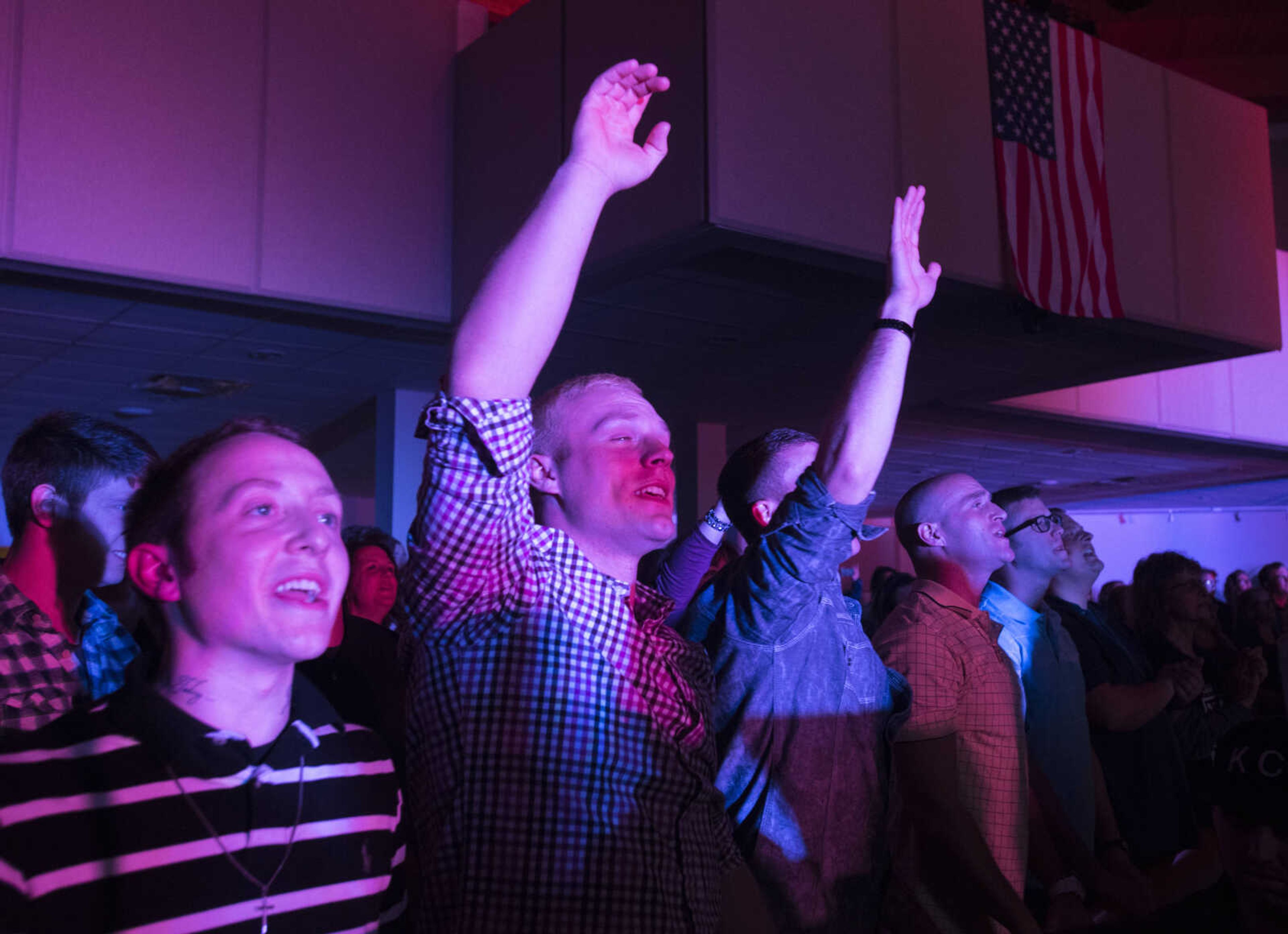 Audience members raise their arms during a Big Daddy Weave concert Wednesday, March 14, 2018, at Cape Bible Chapel in Cape Girardeau.