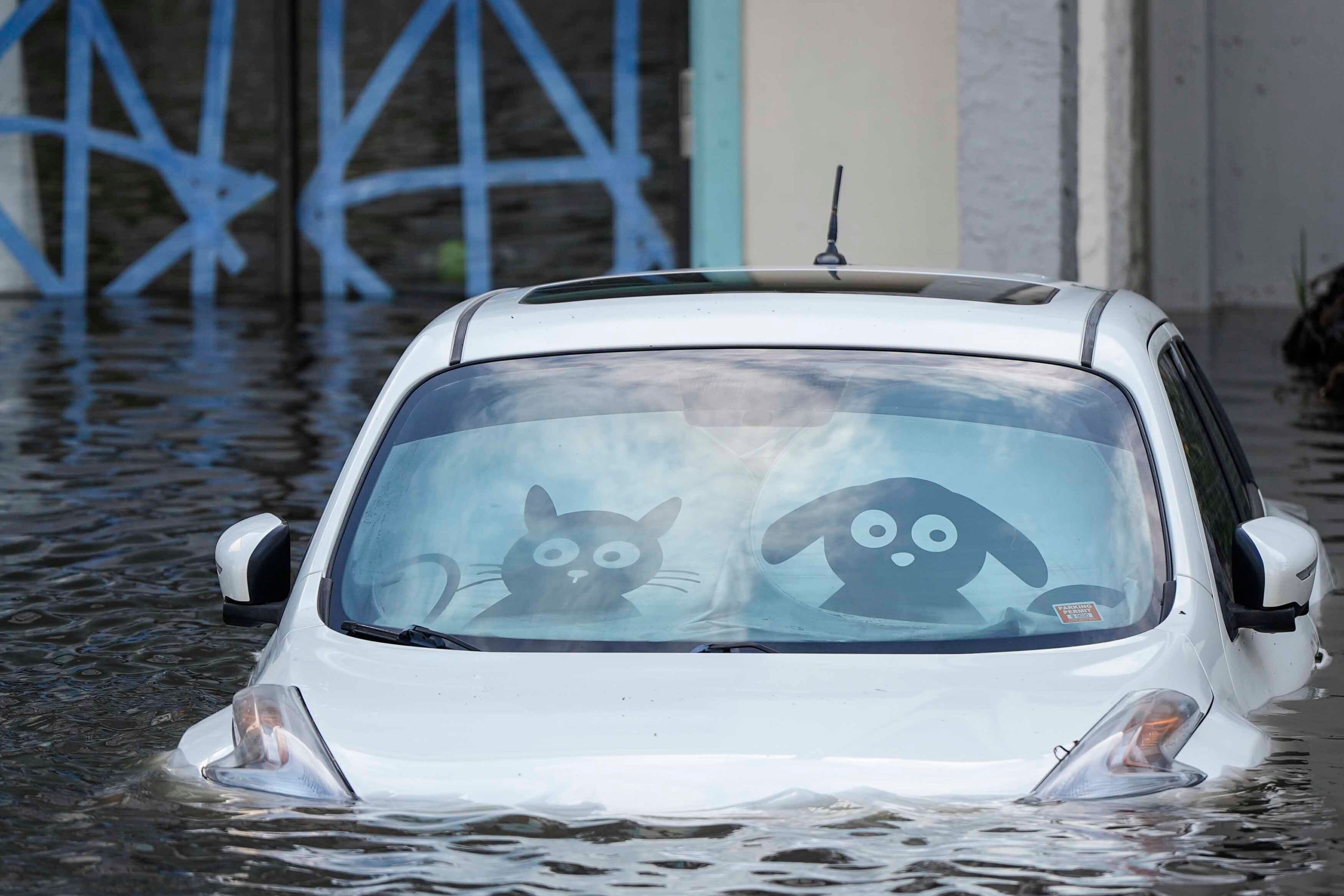 A car is submerged in flood water at an apartment complex in the aftermath of Hurricane Milton, Thursday, Oct. 10, 2024, in Clearwater, Fla. (AP Photo/Mike Stewart)