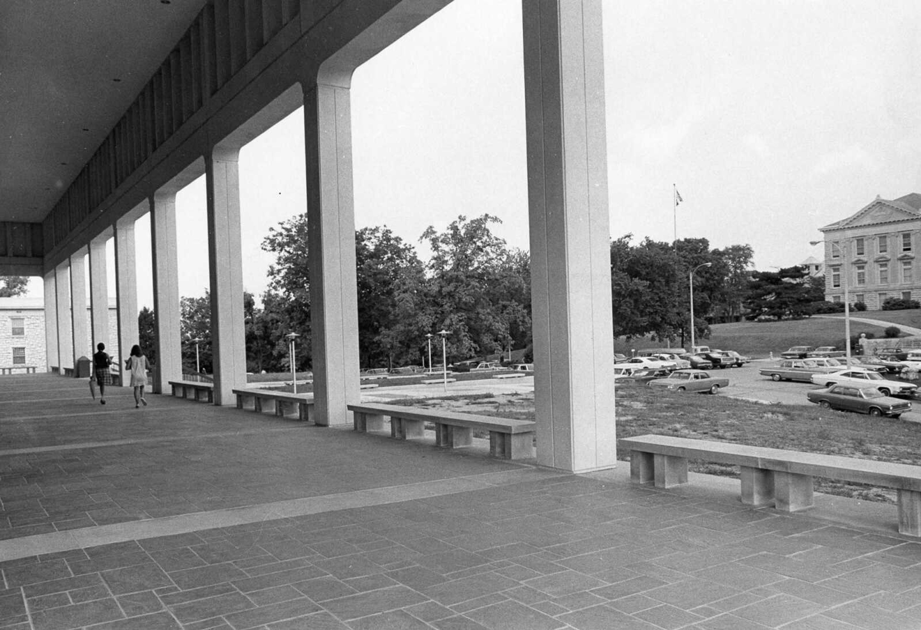 Published Aug. 15, 1968
This is the view of the campus, west wing of Academic Hall at right, from the loggia of the greatly enlarged Kent Library. Here students may use the benches or visit between classes. The view of the campus from here is spectacular. (Southeast Missourian archive photo)