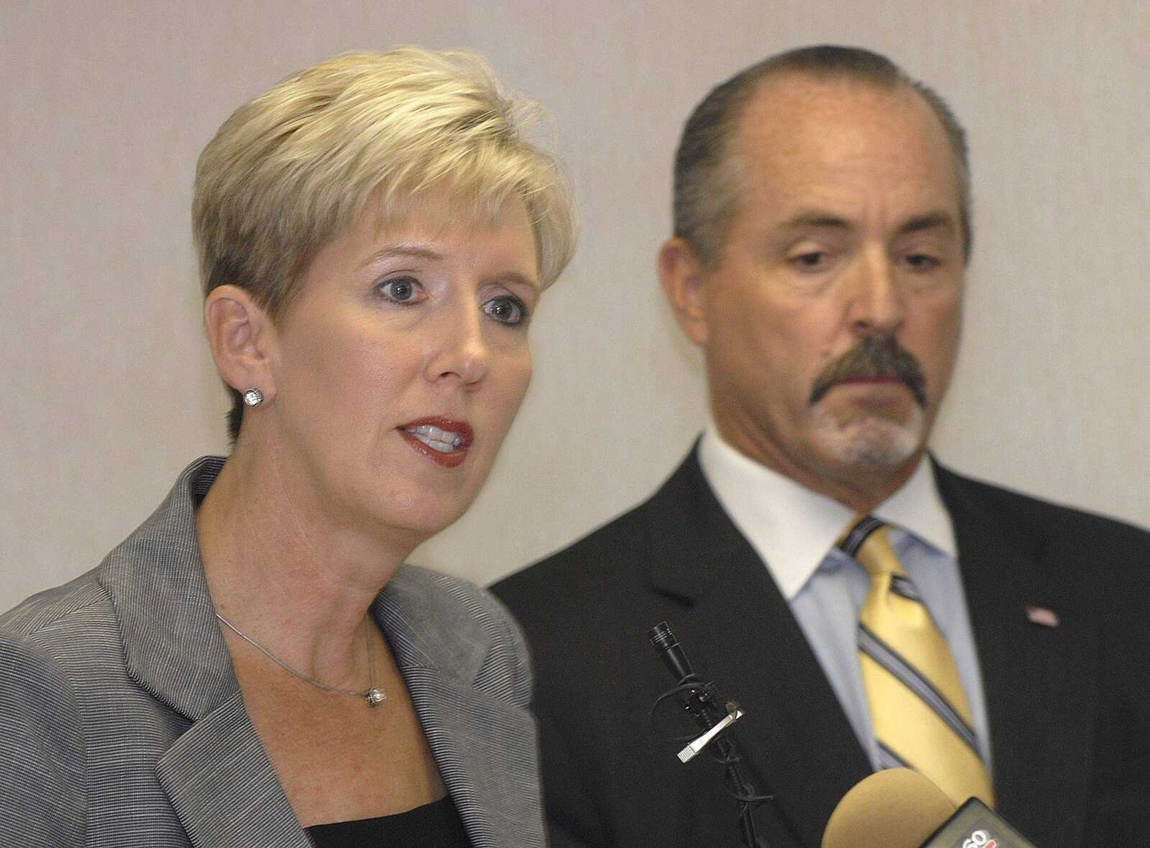 In this August 2010 file photo Southeast Hospital's CEO, Debbie Linnes, speaks at a news conference with James P. Limbaugh, her first appointment. (Fred Lynch)