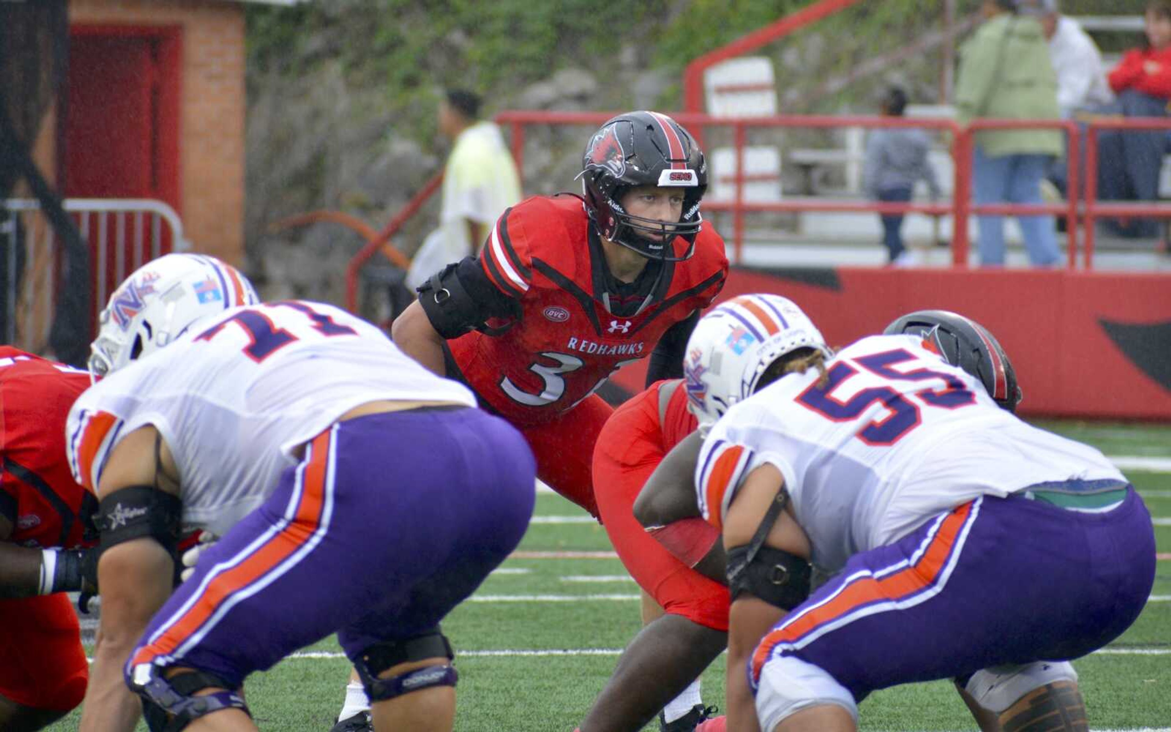 Southeast Missouri State linebacker Bryce Norman prepares for a play against Northwestern State on Saturday, Sept. 28, at Houck Field.