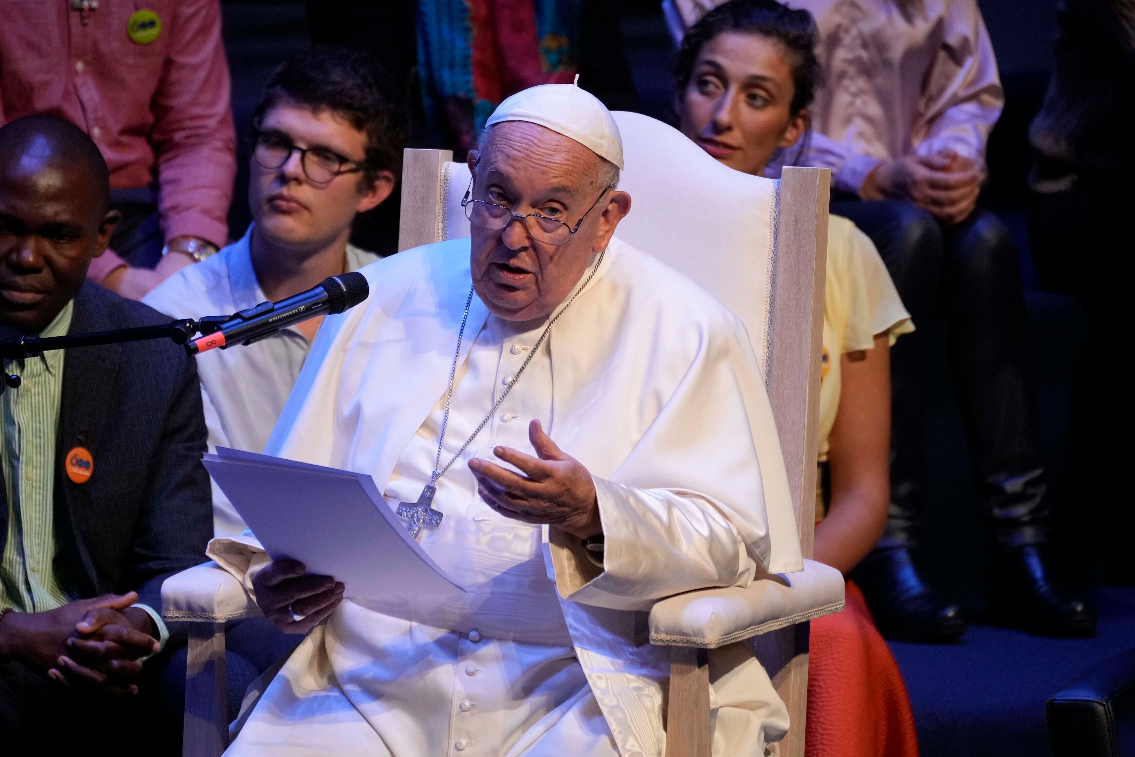 Pope Francis delivers his message as he meets with students of the Louvain Catholic University in Ottignies-Louvain-la-Neuve, Belgium, Saturday, Sept. 28, 2024. (AP Photo/Andrew Medichini)