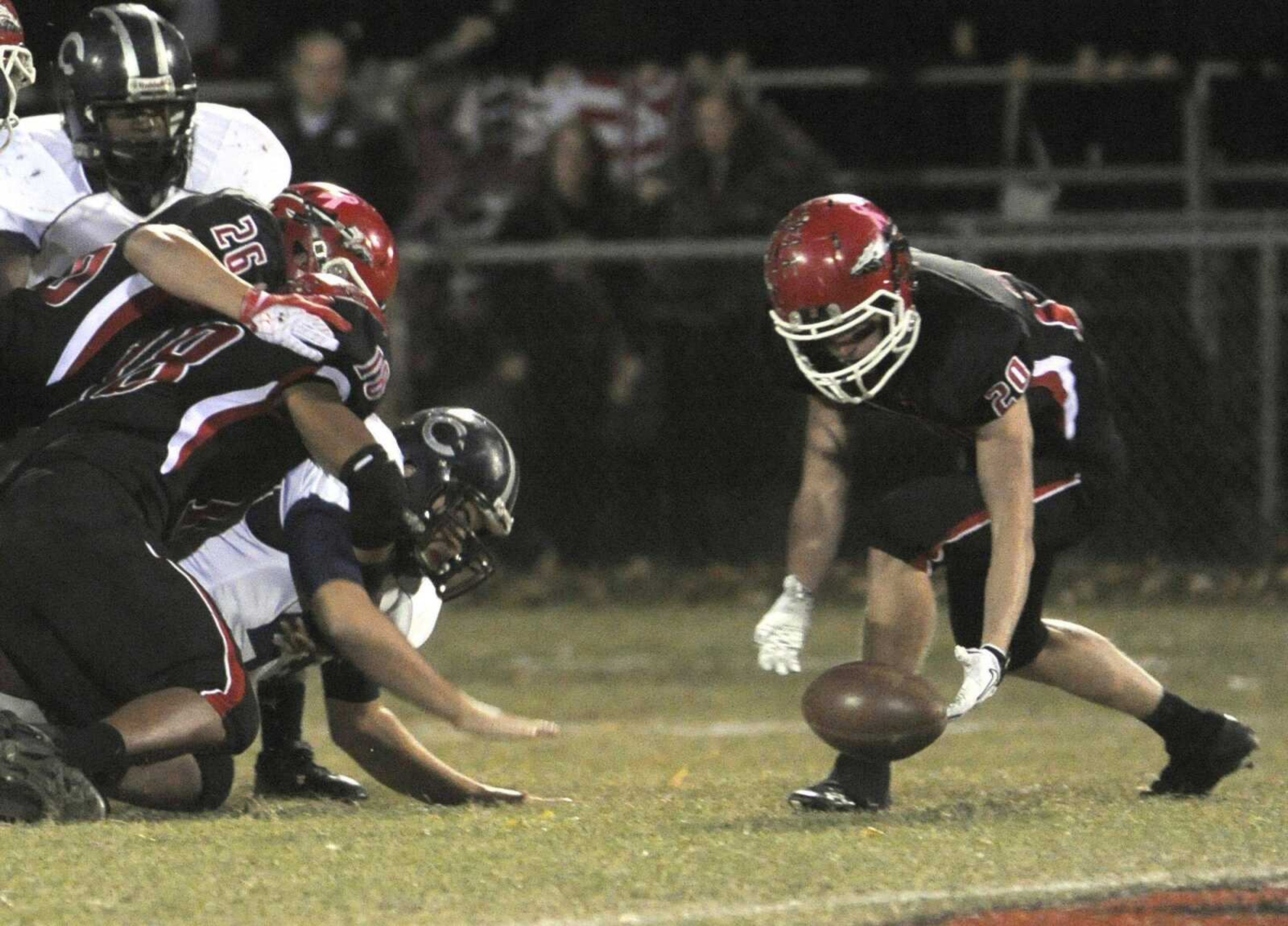 Jackson's Ty Crowden recovers a fumble by Francis Howell Central during the first quarter Friday, Oct. 19, 2012 in Jackson. (Fred Lynch)