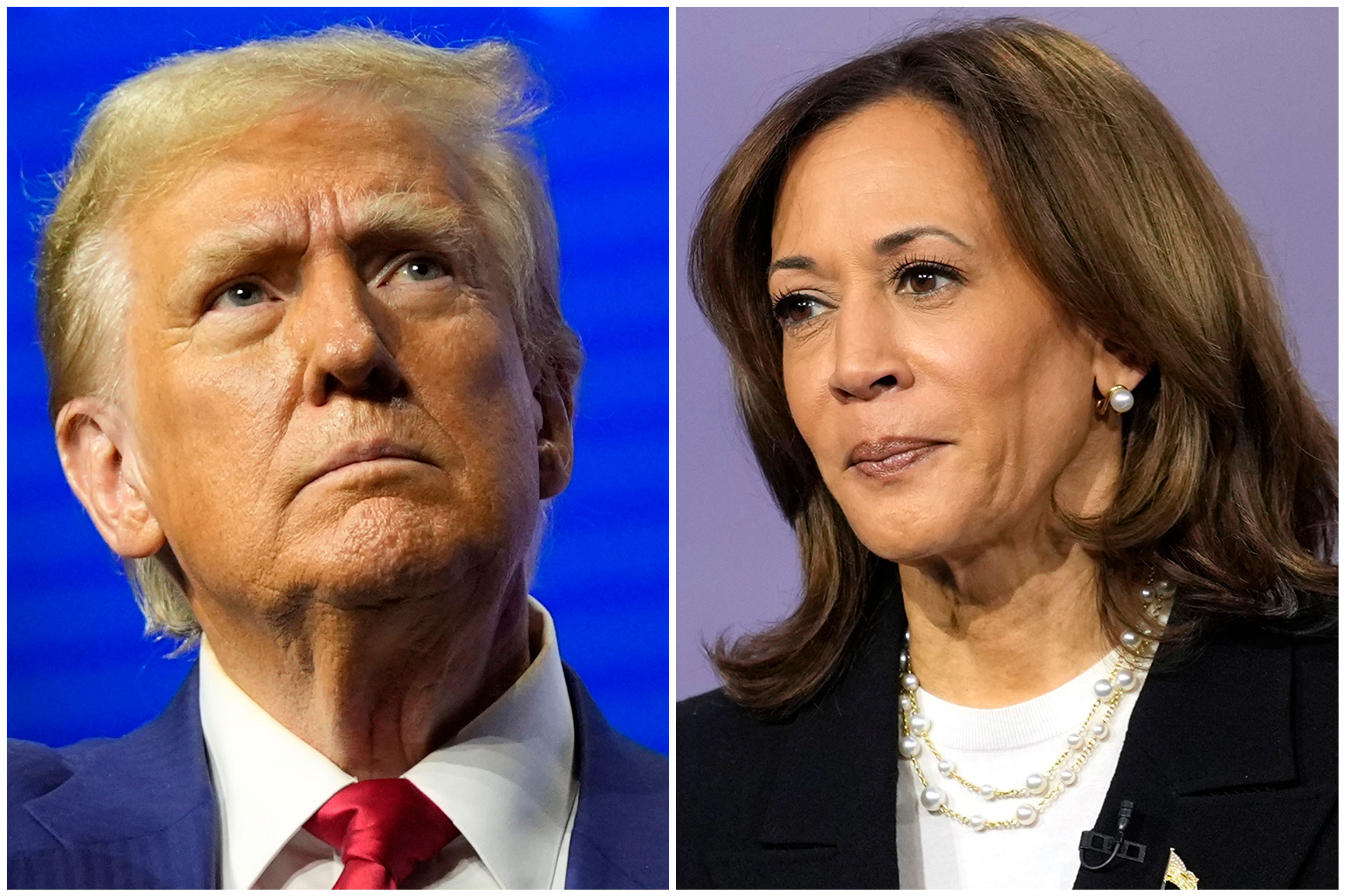 FILE - This combination of images shows Republican presidential nominee former President Donald Trump and Democratic presidential nominee Vice President Kamala Harris at separate campaign events Wednesday, Oct. 23, 2024, in Duluth, Ga., and Aston, Pa., respectively. (AP Photo/Alex Brandon, left, Matt Rourke, File)