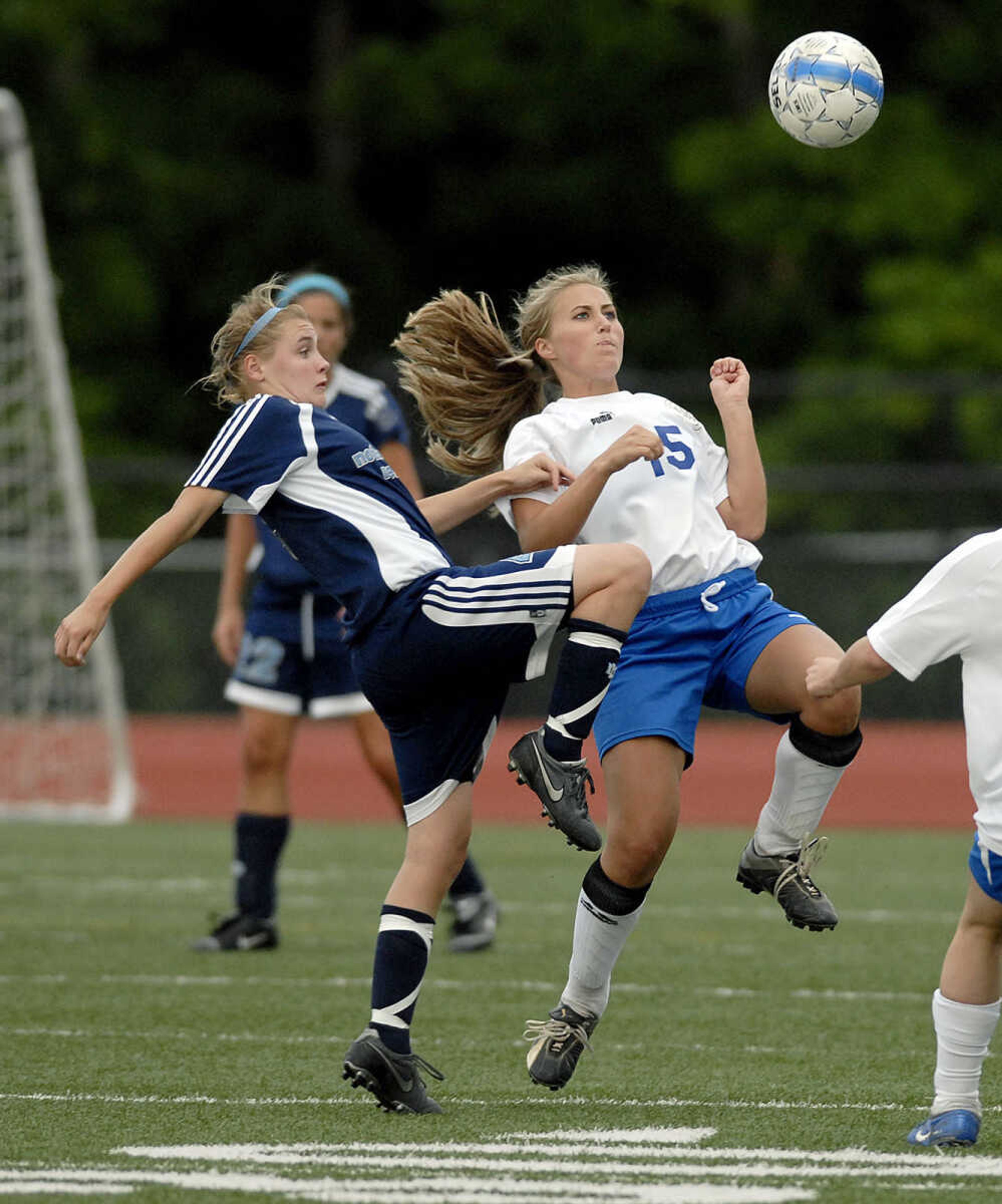 ELIZABETH DODD ~ edodd@semissourian.com
Notre Dame St. Louis' Michelle Auer, left, and Notre Dame's Haley Wengert fight for the ball in the second half of the Class 2 quarterfinals game Thursday at Hillsboro.