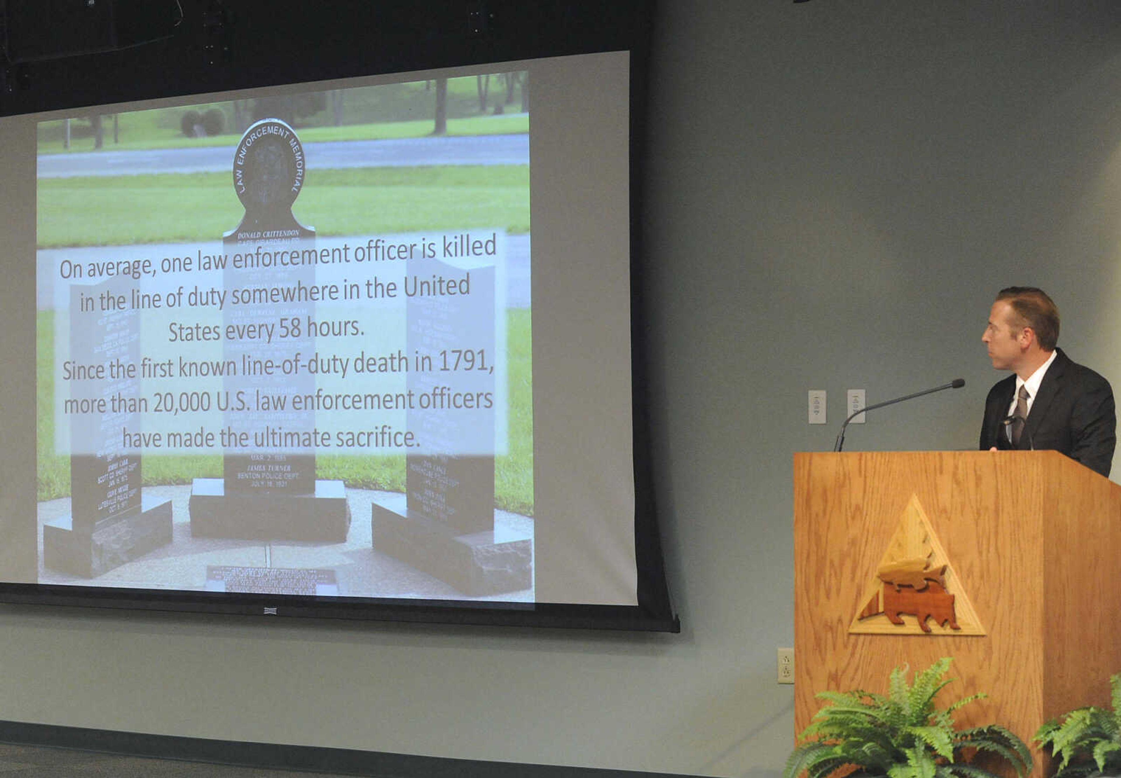 Patrick Koetting presents a tribute to fallen officers during the Girardeau Law Enforcement Appreciation Day program Tuesday, April 21, 2015.