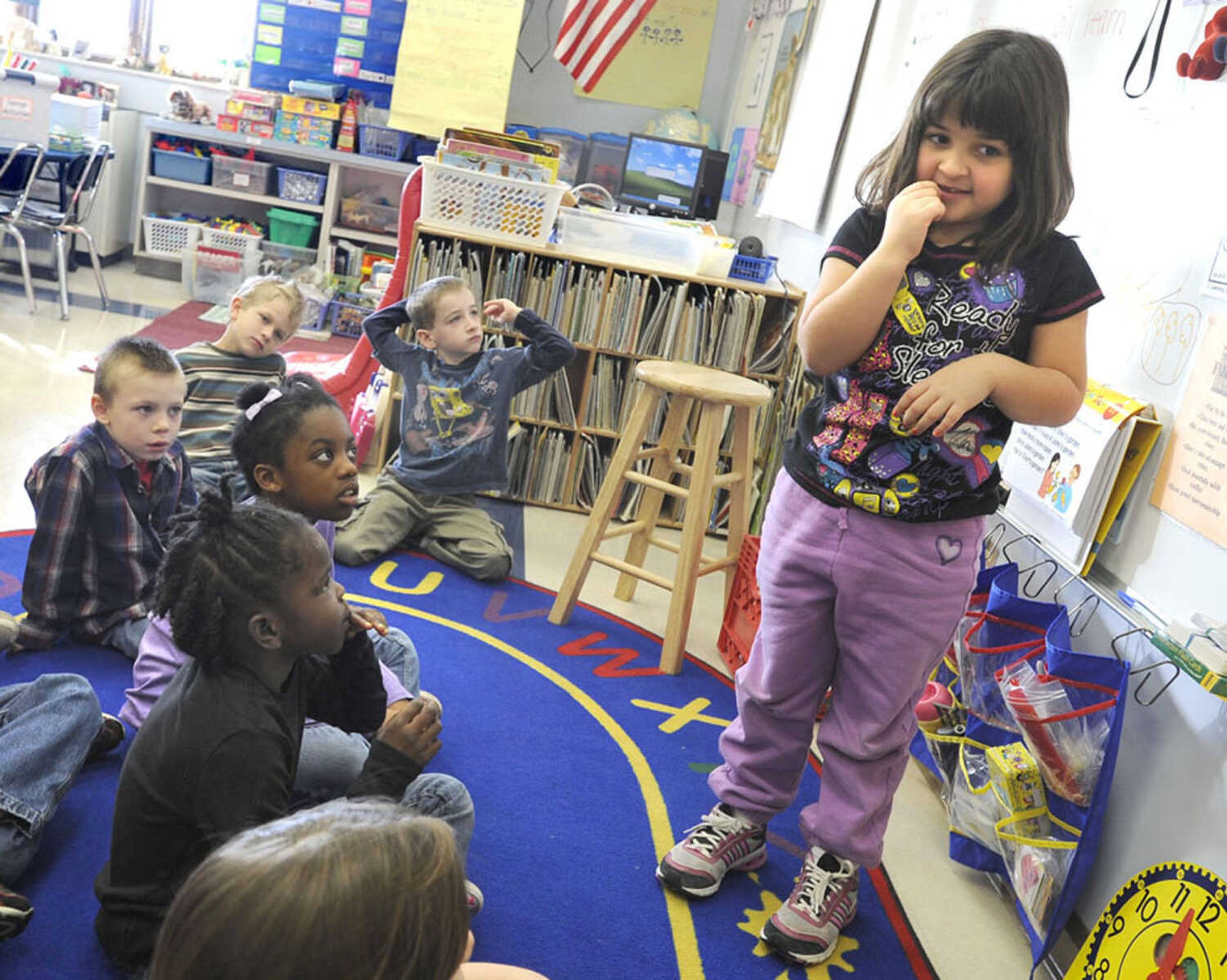 FRED LYNCH ~ flynch@semissourian.com
First-grader Ally Ortega tells about the tooth she lost the night before Monday, Jan. 30, 2012 at Blanchard Elementary School.