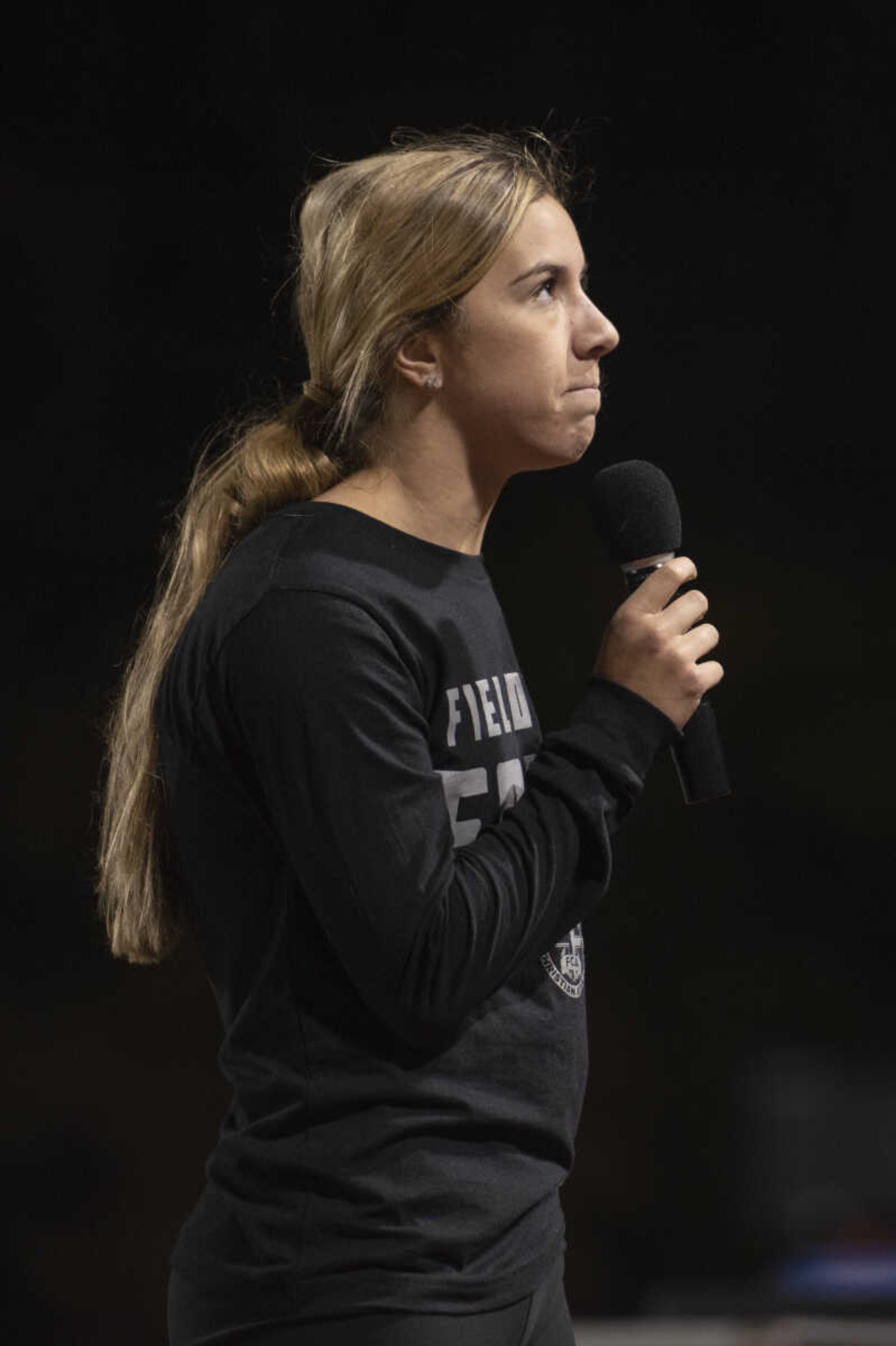 Southeast sophomore softball player Kimmy Wallen makes a testimony during the Fields of Faith event at Houck Stadium in Cape Girardeau on Wednesday, Oct. 14, 2020.