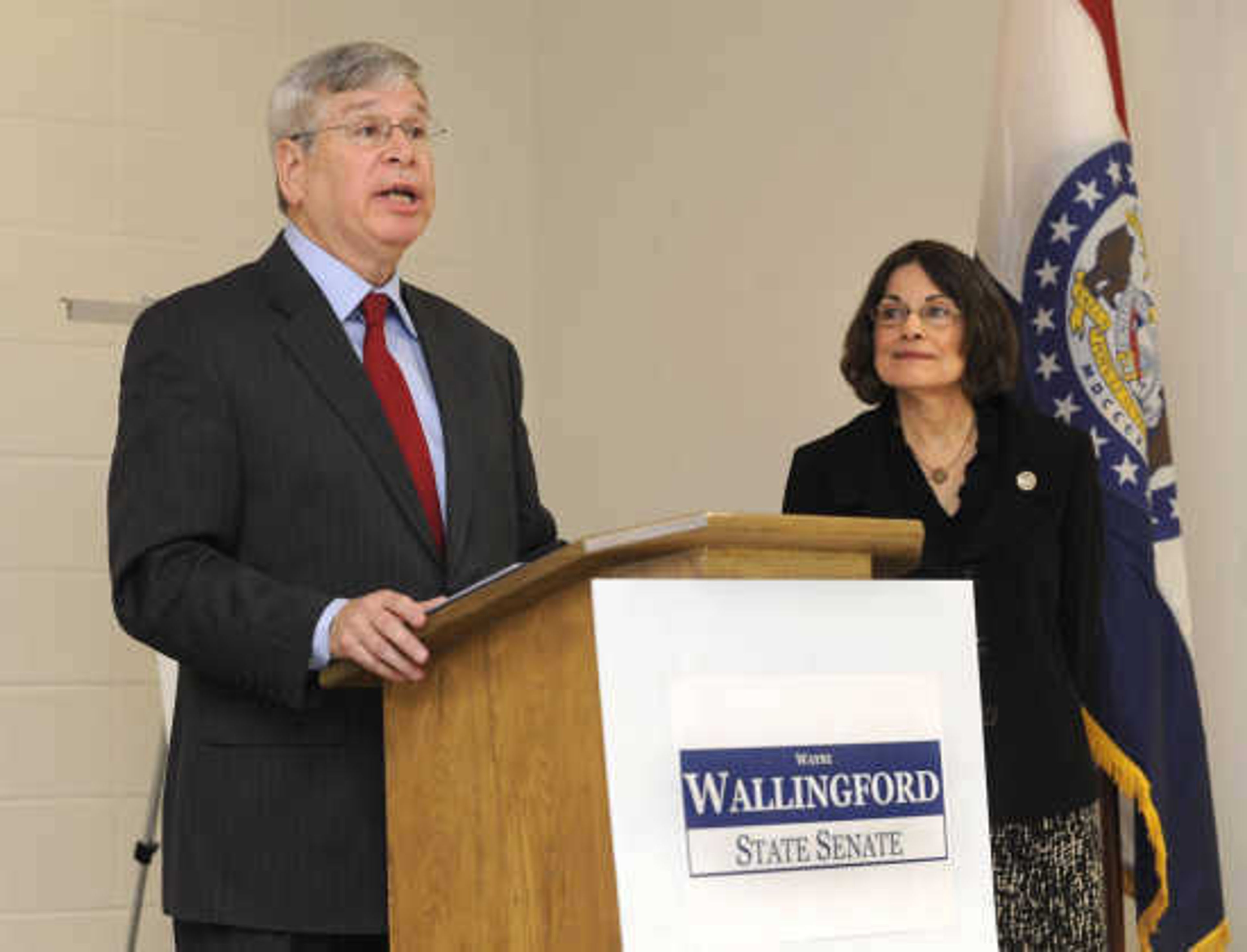 State Rep. Wayne Wallingford announces his candidacy for the Missouri Senate with his wife, Susan, at a news conference Monday, Jan. 16, 2012, in Cape Girardeau. 