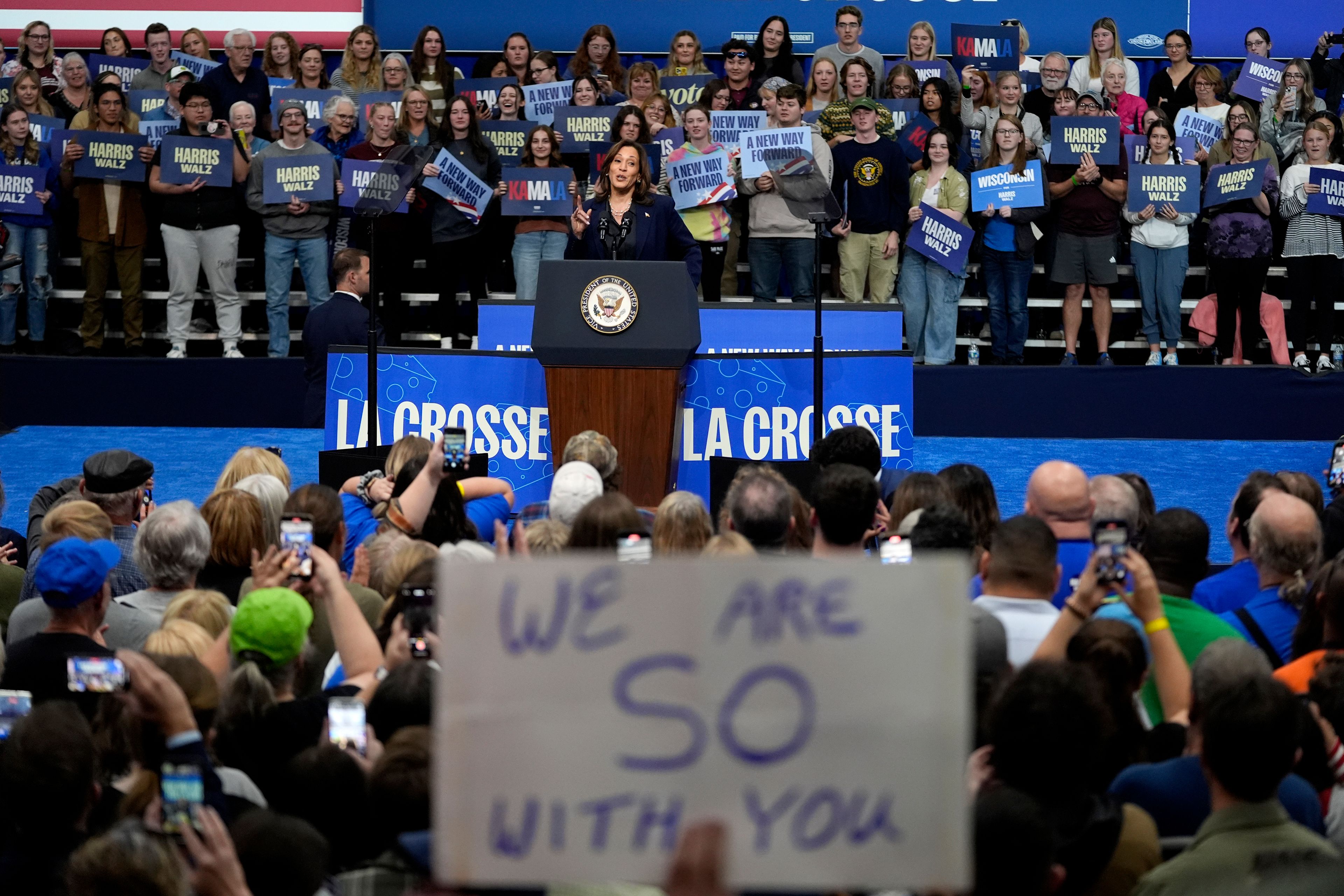 Democratic presidential nominee Vice President Kamala Harris speaks during a campaign rally at the University of Wisconsin La Crosse, in La Crosse, Wis., Thursday, Oct. 17, 2024. (AP Photo/Abbie Parr)