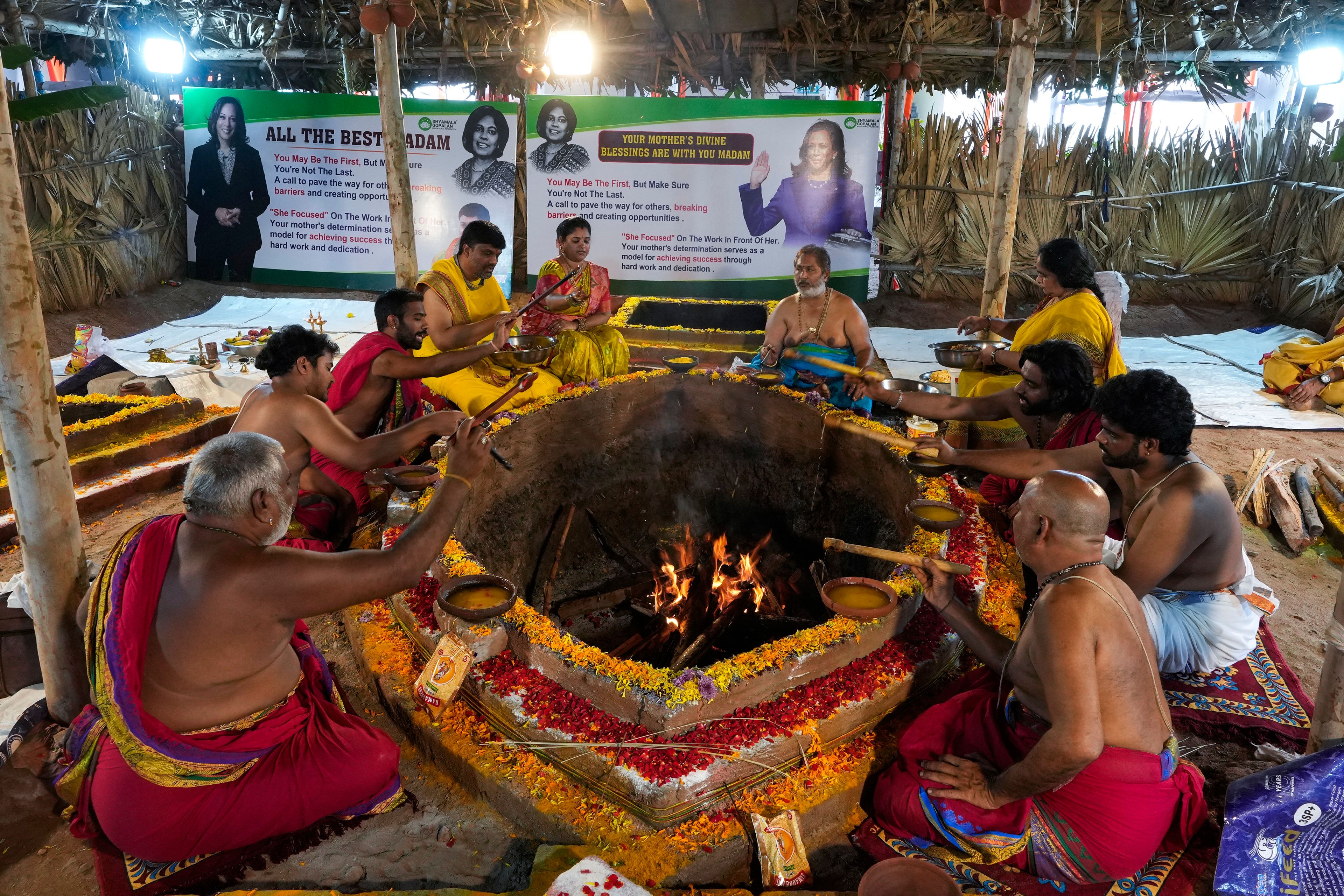 Hindu priests perform rituals during special prayers for the victory of Democratic presidential nominee Vice President Kamala Harris in the U.S. elections at Palvancha, Telangana, India, Monday, Nov. 4, 2024. The prayers were organized by an educational foundation named after Harris' late mother Shyamala Gopalan. (AP Photo/Mahesh Kumar A.)