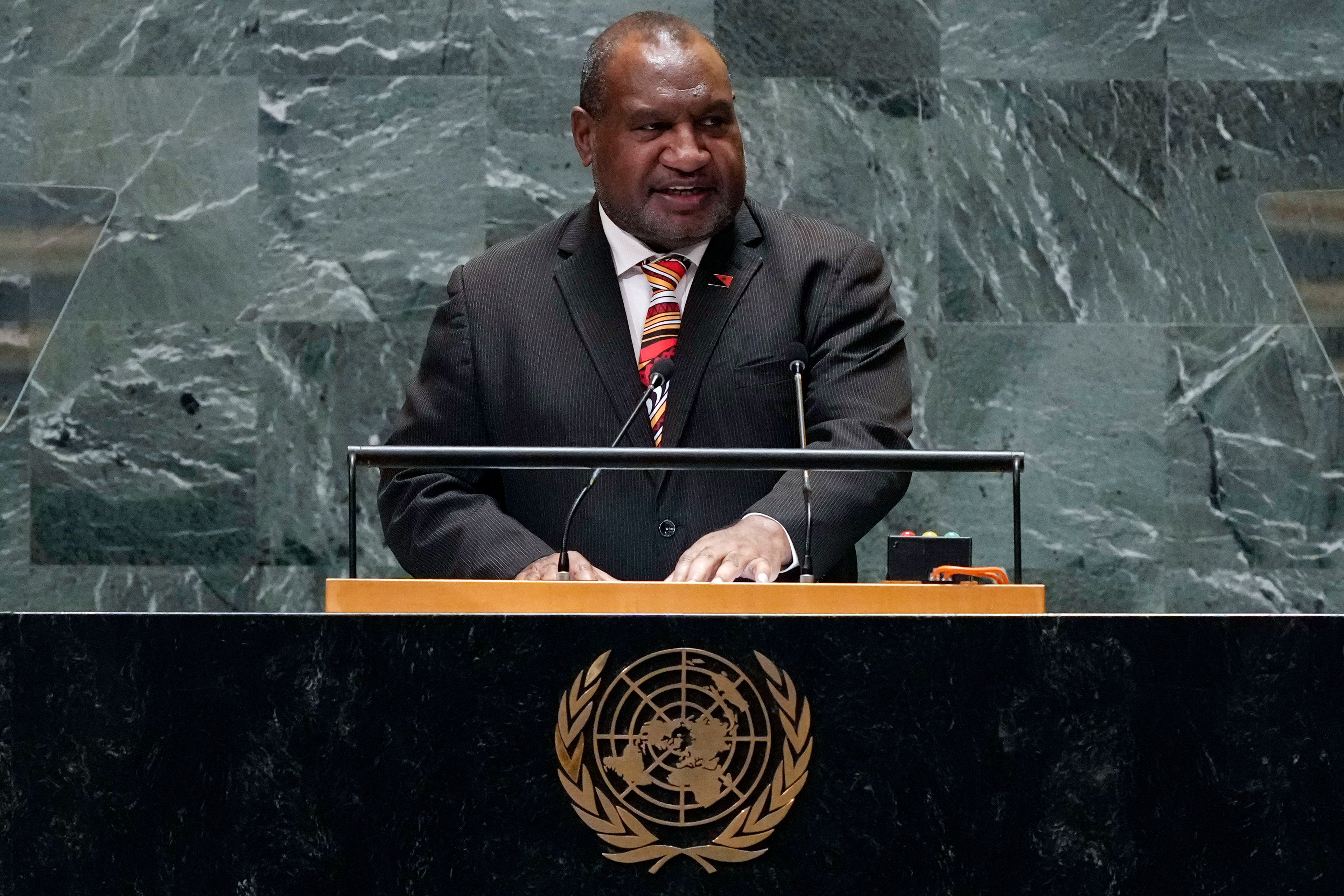 Papua New Guinea Prime Minister James Marape addresses the 79th session of the United Nations General Assembly, Friday, Sept. 27, 2024. (AP Photo/Richard Drew)