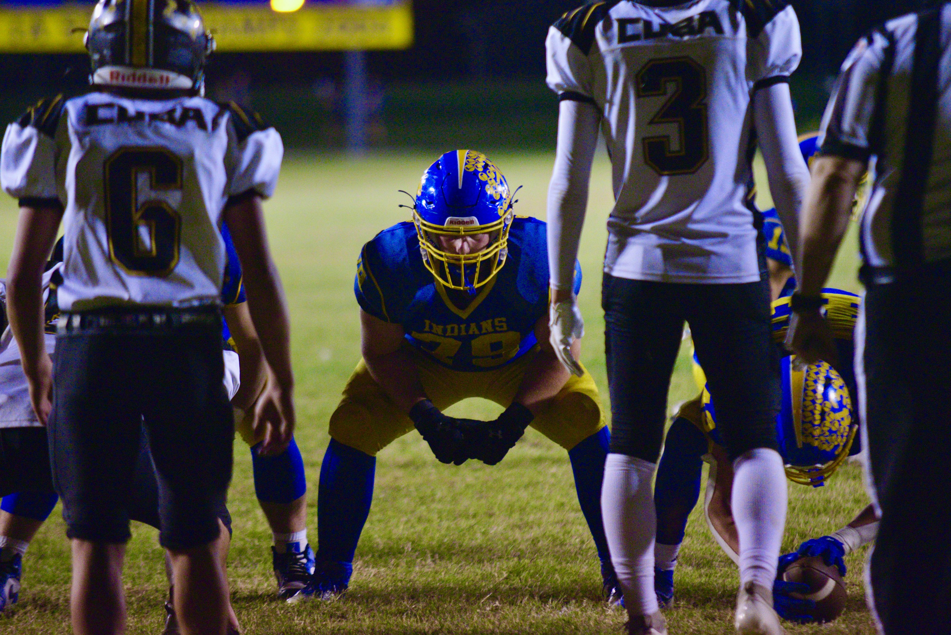 St. Vincent offensive lineman Austin Sleyster gets in position before an extra point kick against Cuba on Friday, Oct. 11, in Perryville. 