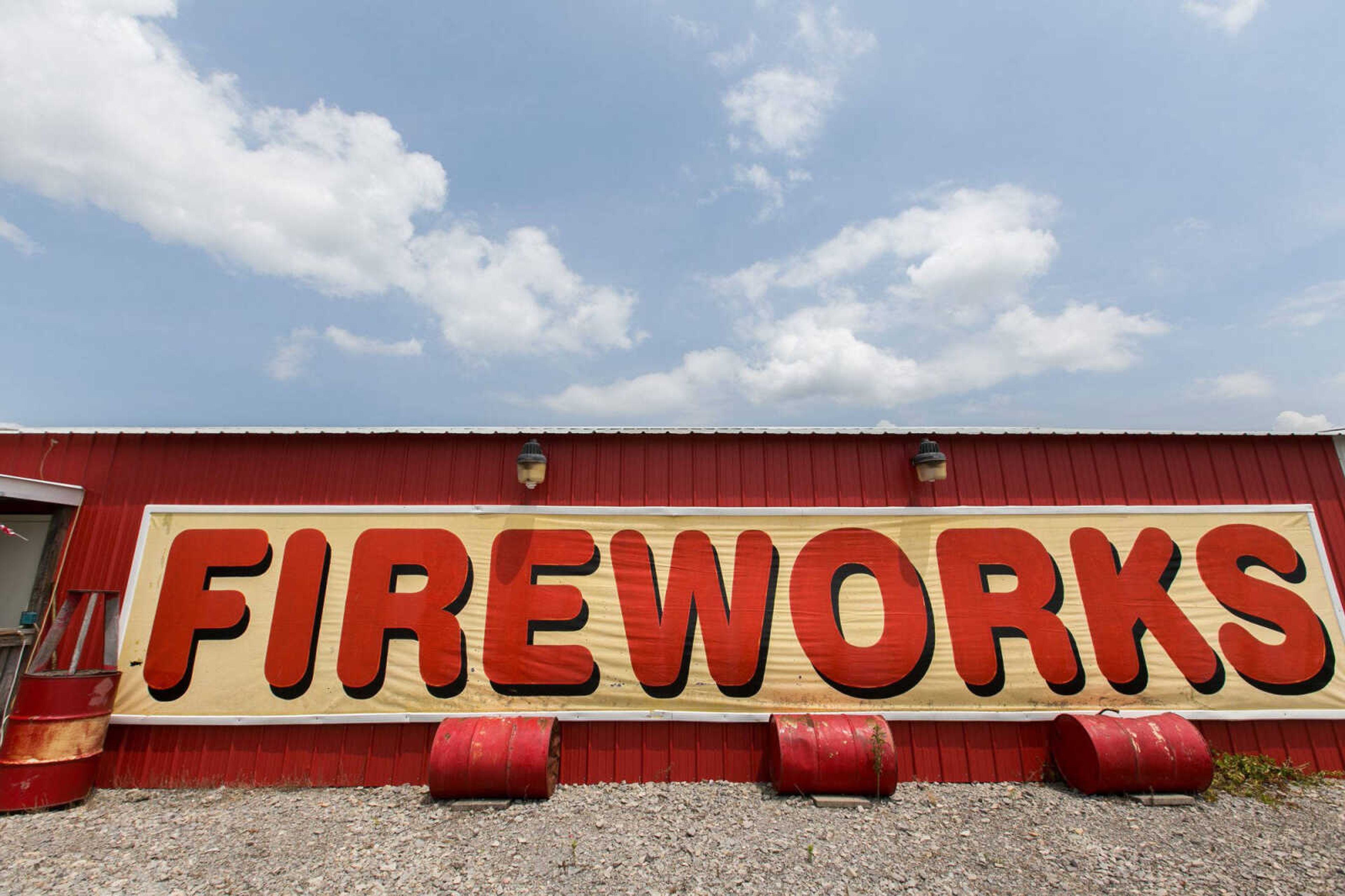 A fireworks sign hangs on the front of Hoffman Family Fireworks on Thursday in Scott City.