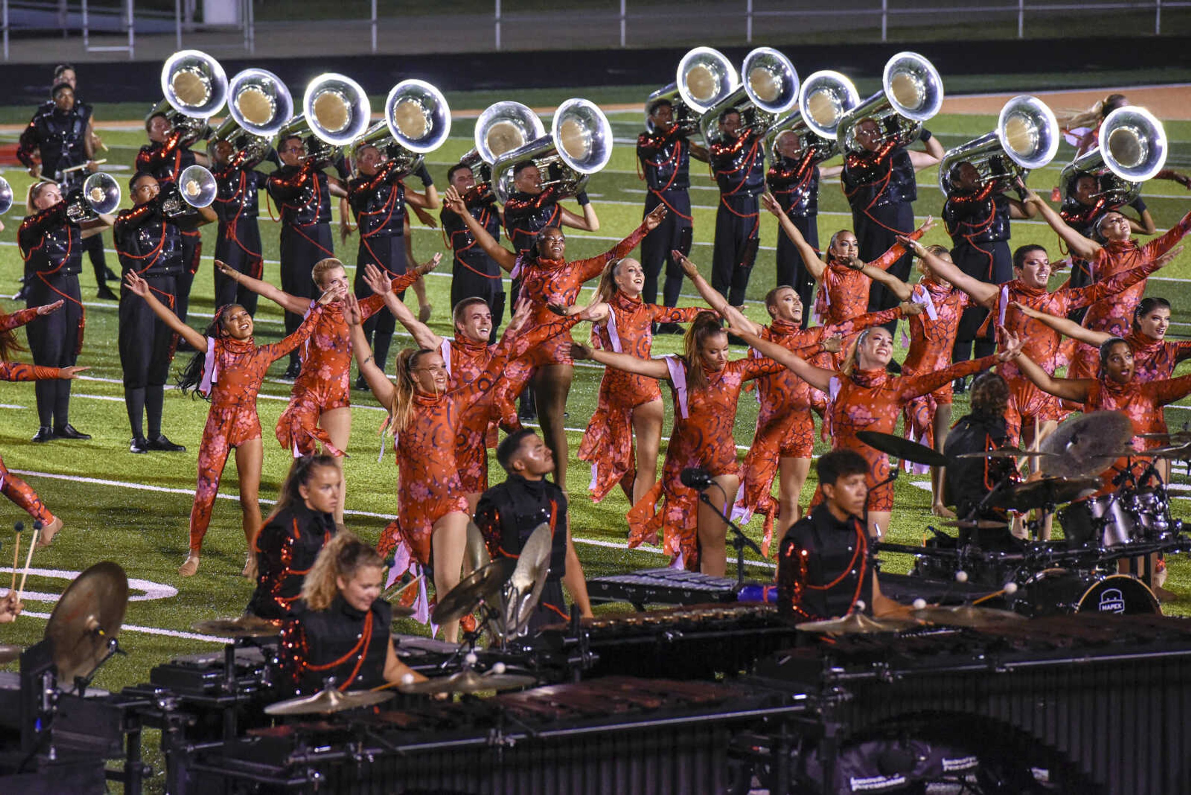 Mandarins from Sacramento, California perform during the Drum Corps International program "Drums Along the Mississippi" at the Cape Central High School field Tuesday Aug. 10, 2021.