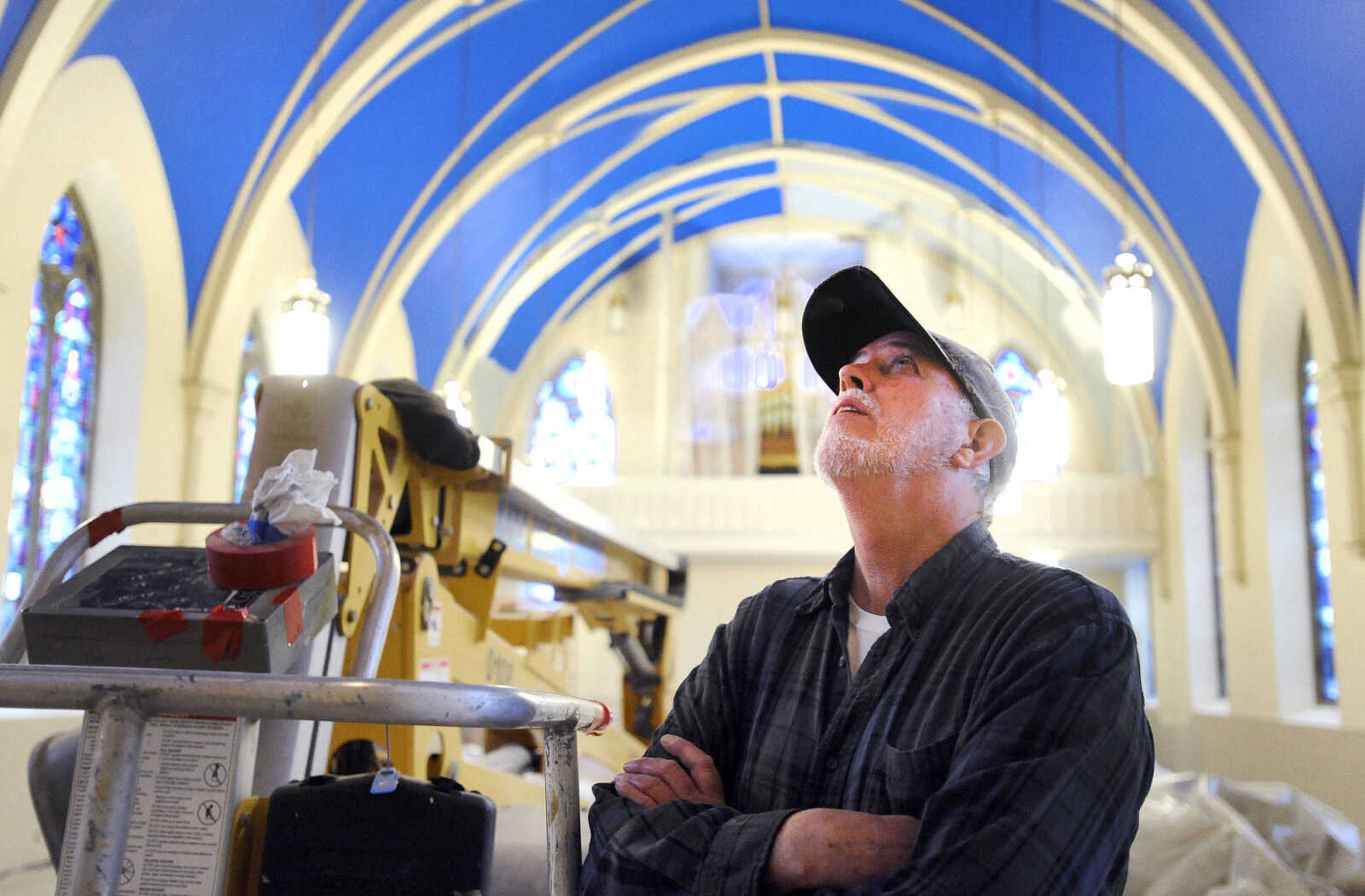 LAURA SIMON ~ lsimon@semissourian.com

Gary West takes a step back to check the placement of the scaffolding at St. John's Catholic Church in Leopold, Missouri on March 3, 2016.