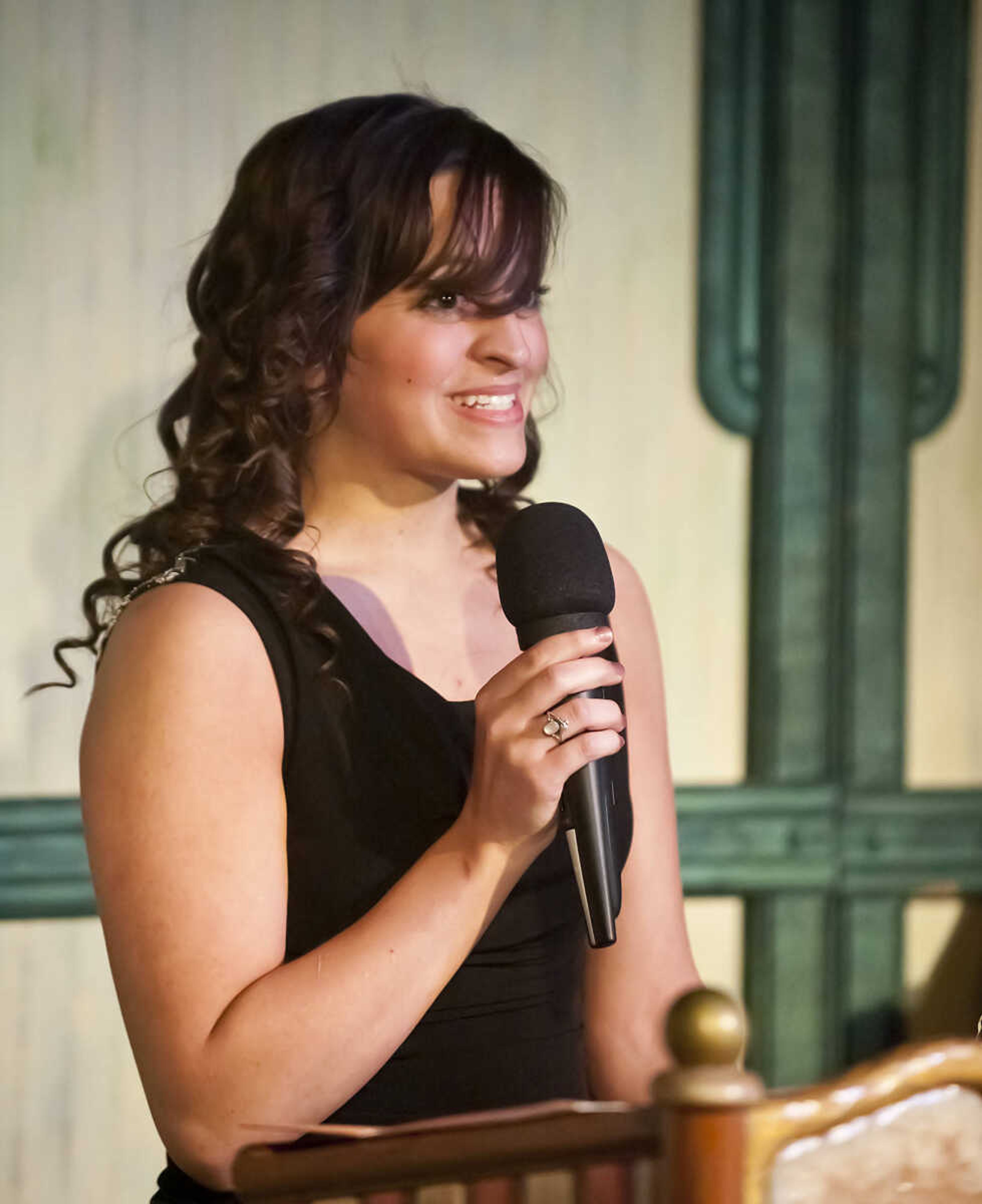 Maria Drury speaks after being awarded one of two Abbott Award for best supporting actress during the Abbott Awards, the River City Players' annual awards ceremony, Saturday, Jan. 18, at Port Cape in downtown Cape Girardeau. Auditions for the first production of the 2014 season, "Quiet on the Set," will be held at 7 p.m. Jan. 29 and 30 at Port Cape.