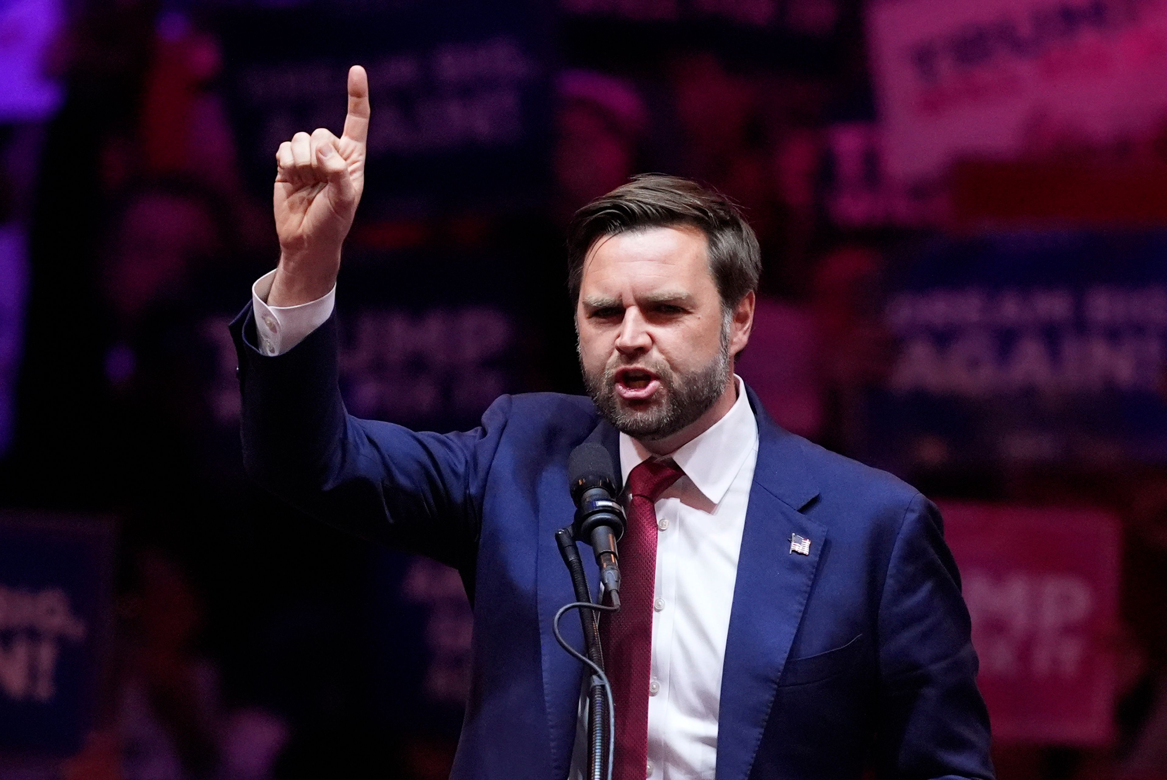 Republican vice presidential nominee Sen. JD Vance, R-Ohio, speaks before Republican presidential nominee former President Donald Trump at a campaign rally at Madison Square Garden, Sunday, Oct. 27, 2024, in New York. (AP Photo/Evan Vucci)