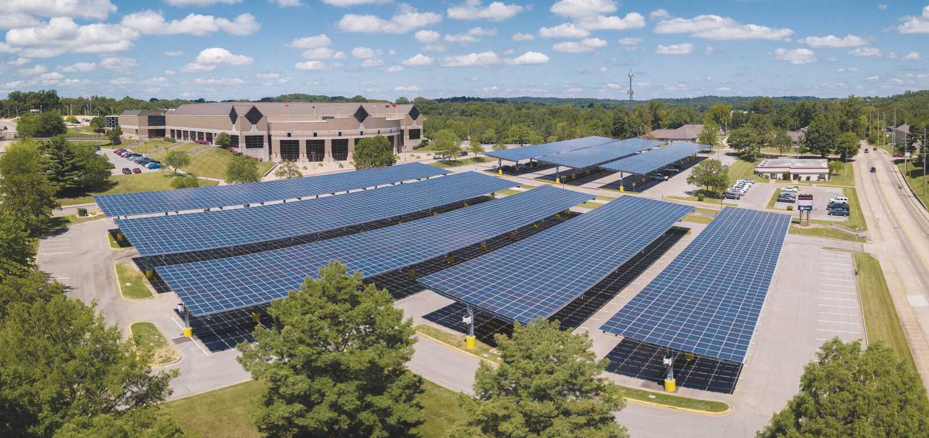 Solar panels cover the parking lot on the front of the Show Me Center in Cape Girardeau. 
