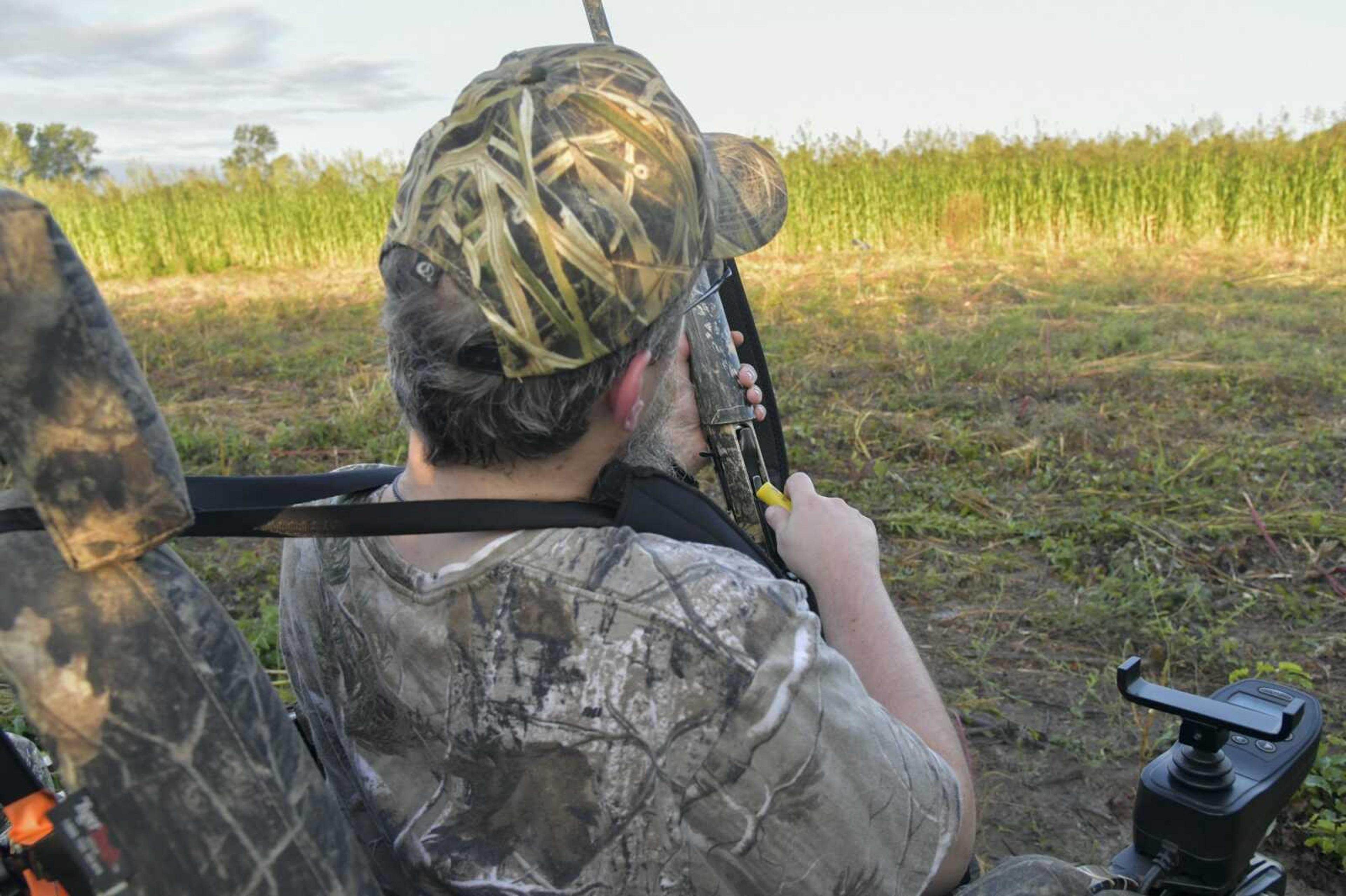 Gabe Glastetter loads his gun during MDC's Mobility Impaired Dove Hunt at the Ten Mile Pond in East Prairie Wednesday Sept. 1, 2021.