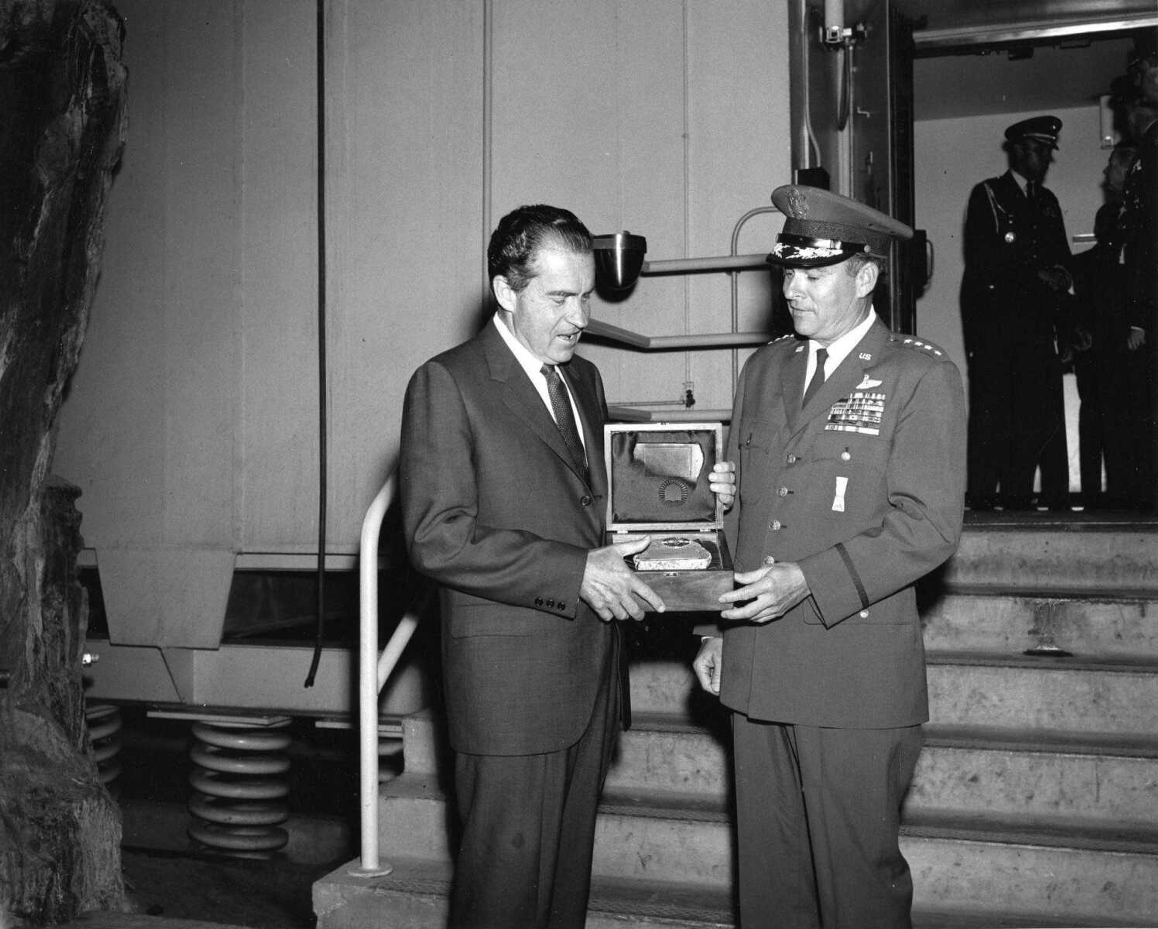 Gen. Seth J. McKee, right, commander of the North American Air Defense Command, presented a souvenir to President Richard M. Nixon during the chief executive's visit to NORAD headquarters underground complex in Cheyenne Mountain in Colorado Springs, Colorado, in 1971. McKee grew up in Southeast Missouri and graduated from Cape Girardeau Central High School in 1934.