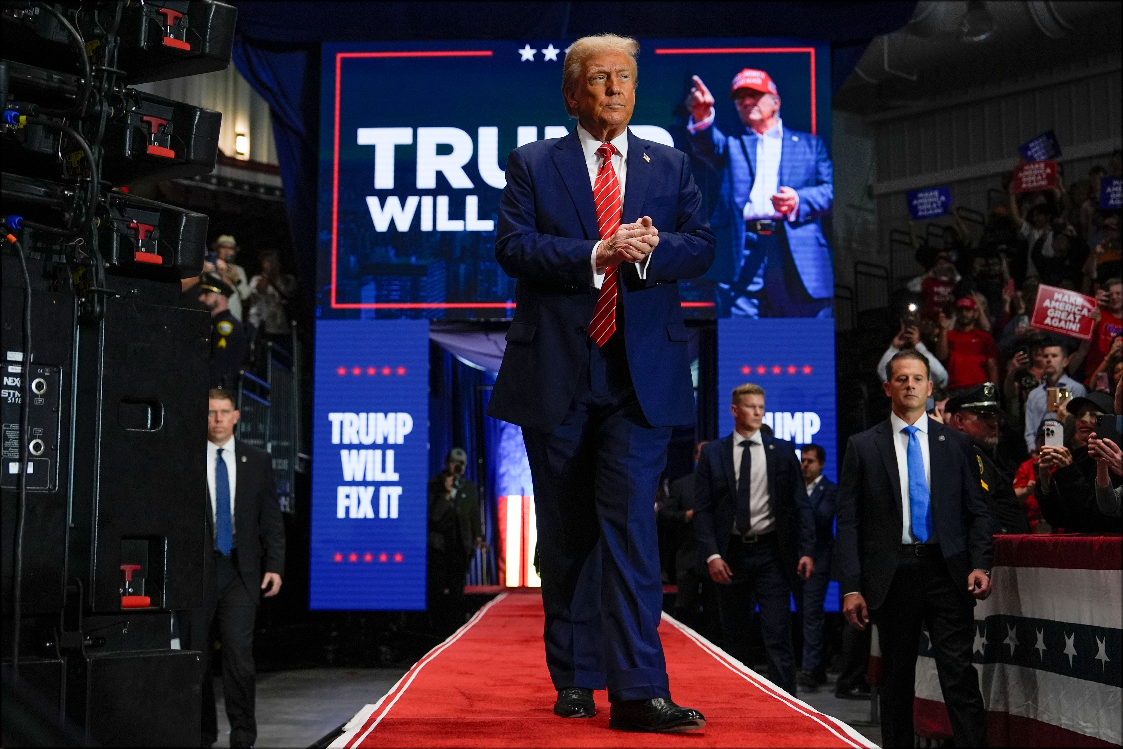 Republican presidential nominee former President Donald Trump arrives at a campaign rally at Rocky Mount Event Center, Wednesday, Oct. 30, 2024, in Rocky Mount, N.C. (AP Photo/Julia Demaree Nikhinson)