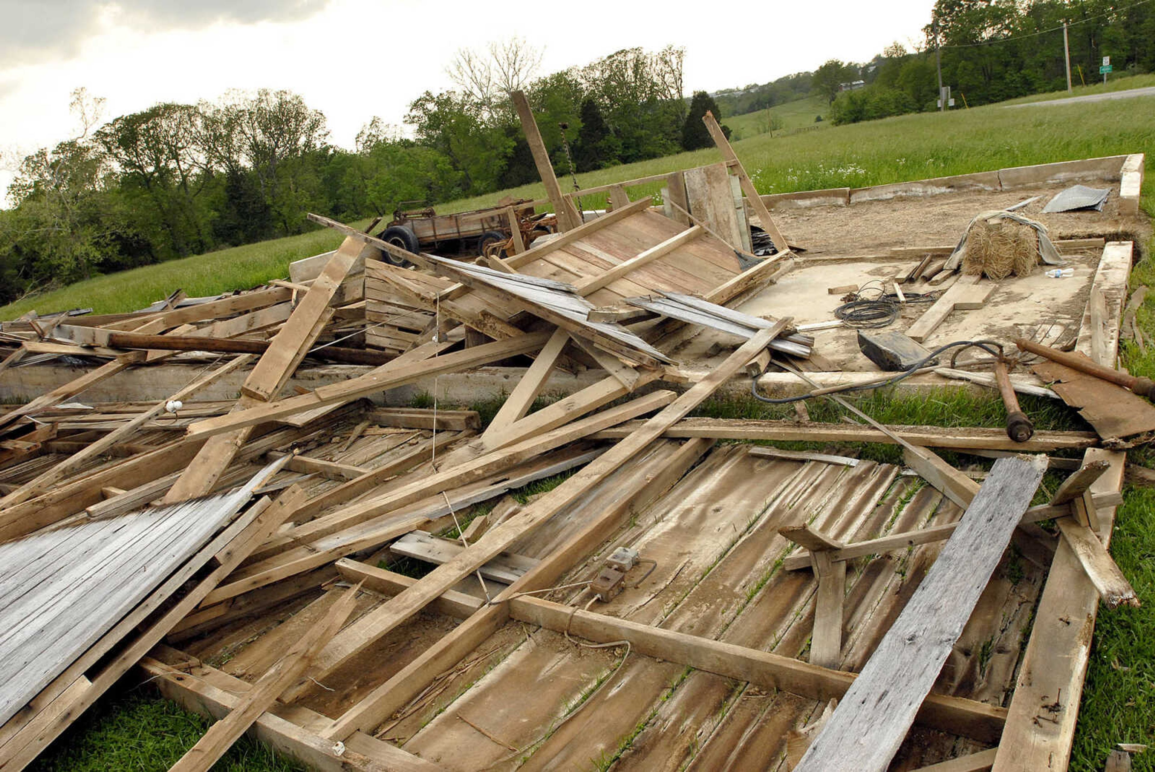 ELIZABETH DODD ~ edodd@semissourian.com
A shed was flattened off of Main Street during the May 8 storms.