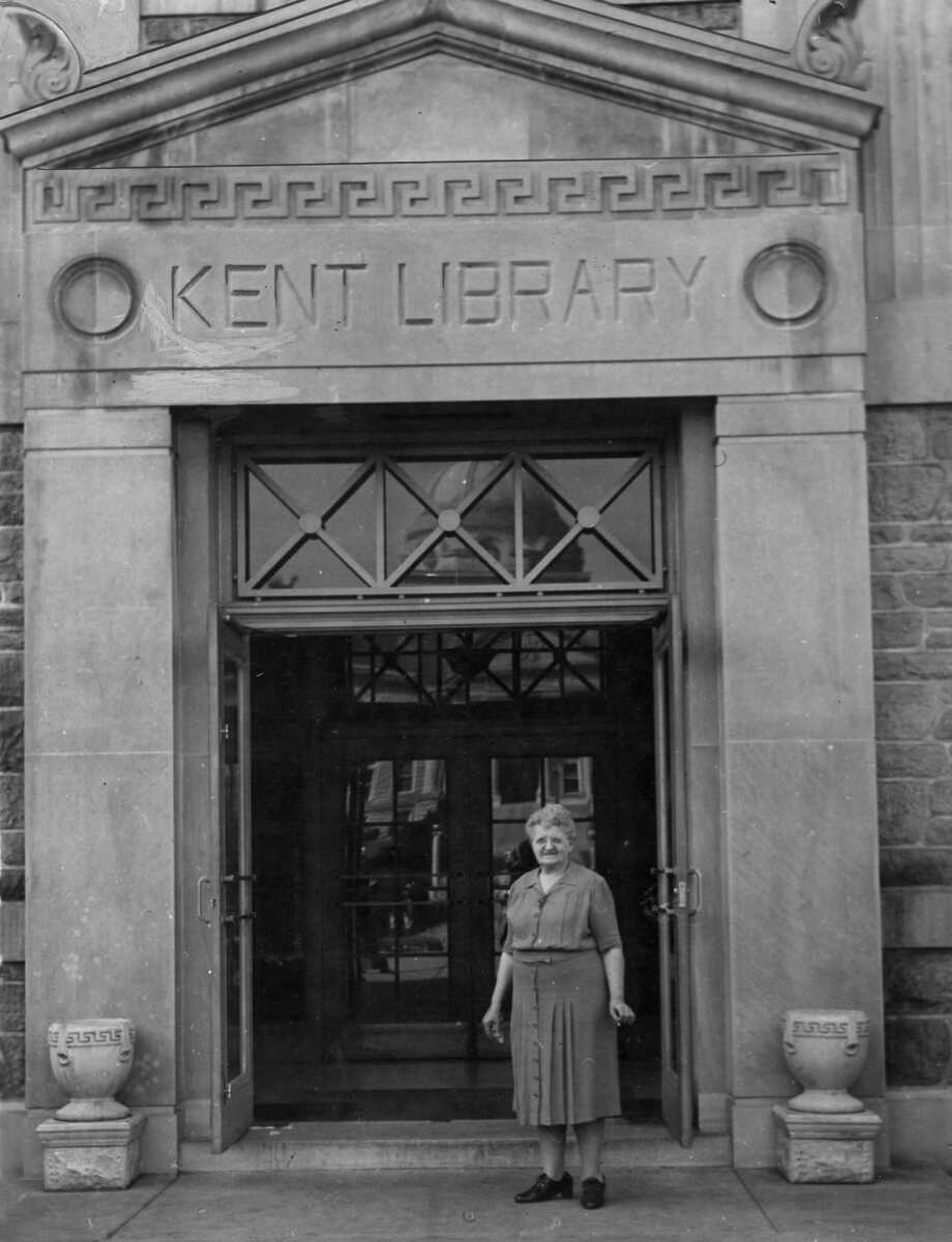 Sadie Kent stands outside the library named for her in 1943 at Southeast Missouri State Teachers College. Kent retired that year as head librarian.