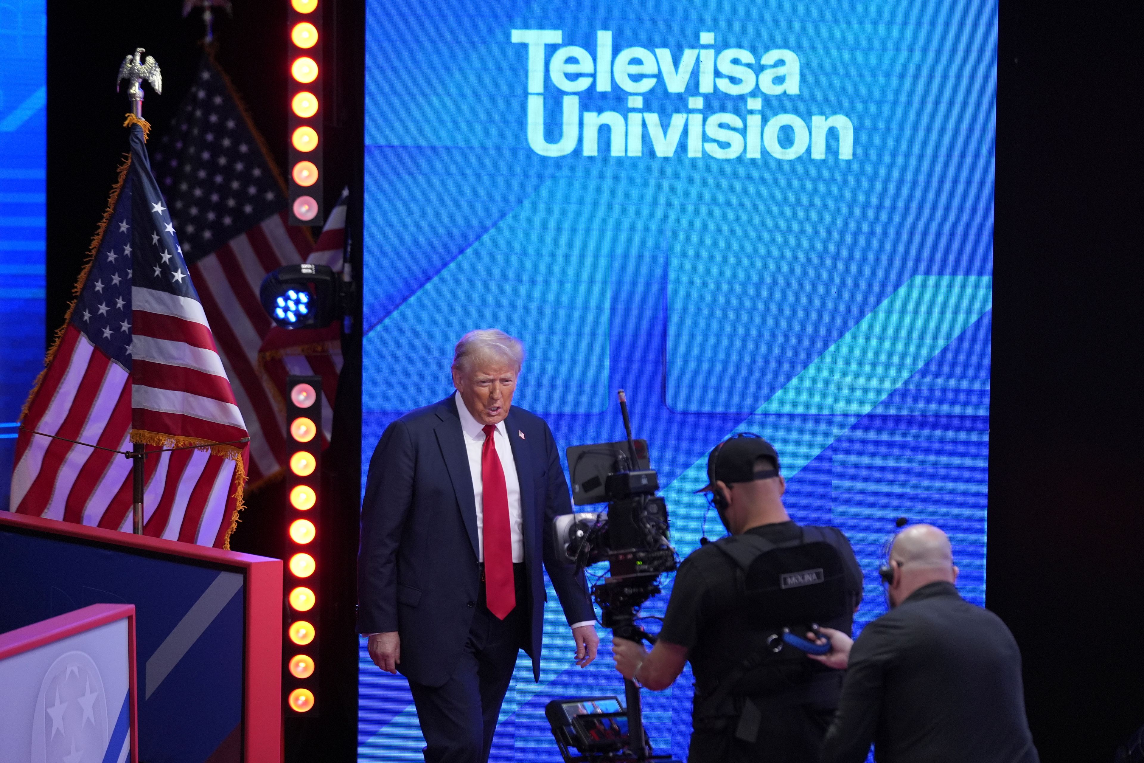 Republican presidential nominee former President Donald Trump arrives for a Univision town hall, Wednesday, Oct. 16, 2024, in Doral, Fla. (AP Photo/Alex Brandon)