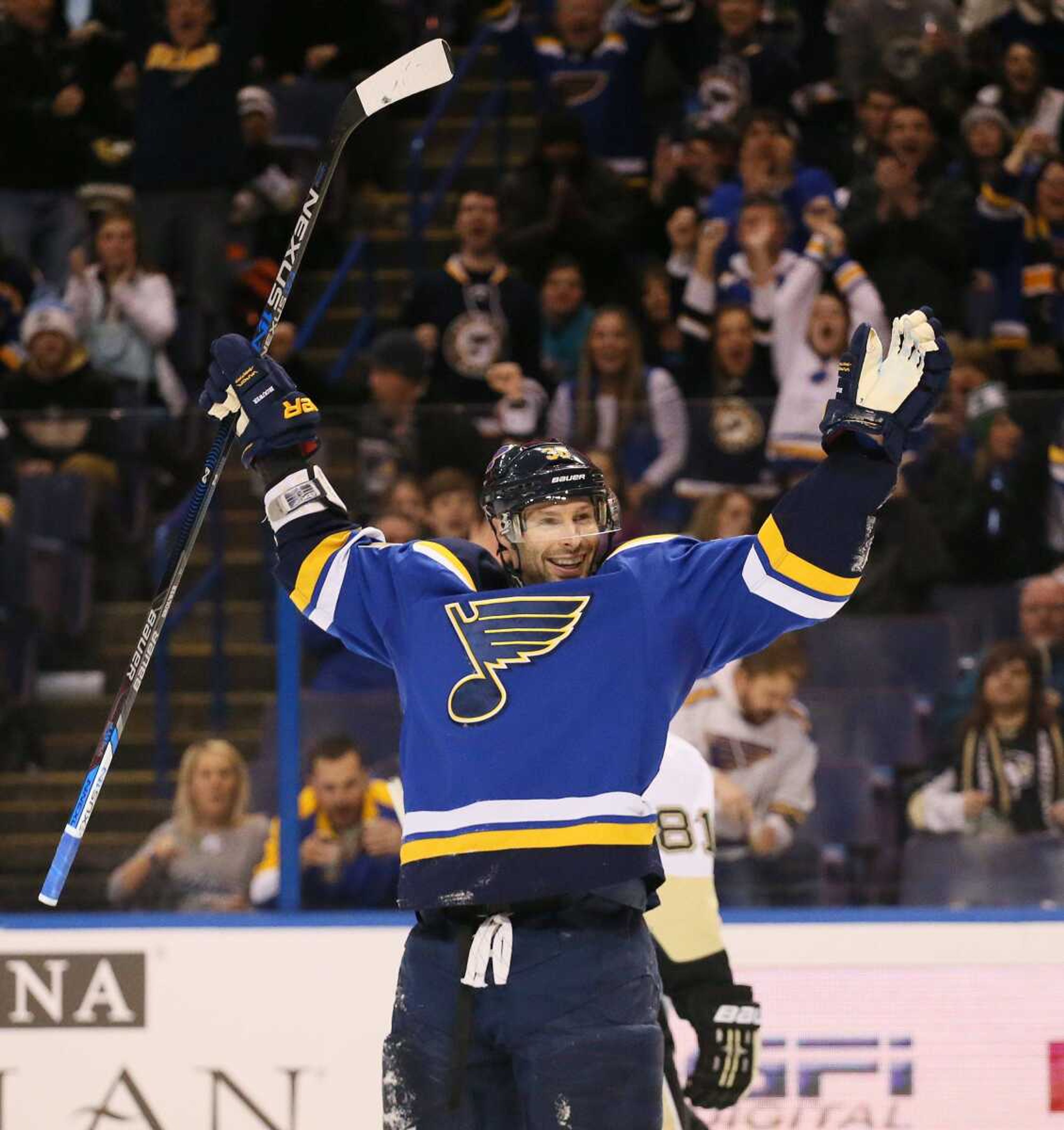 The Blues' Troy Brouwer reacts after scoring against the Penguins during the third period Monday in St. Louis. The Blues won 5-2. (Chris Lee ~ St. Louis Post-Dispatch)