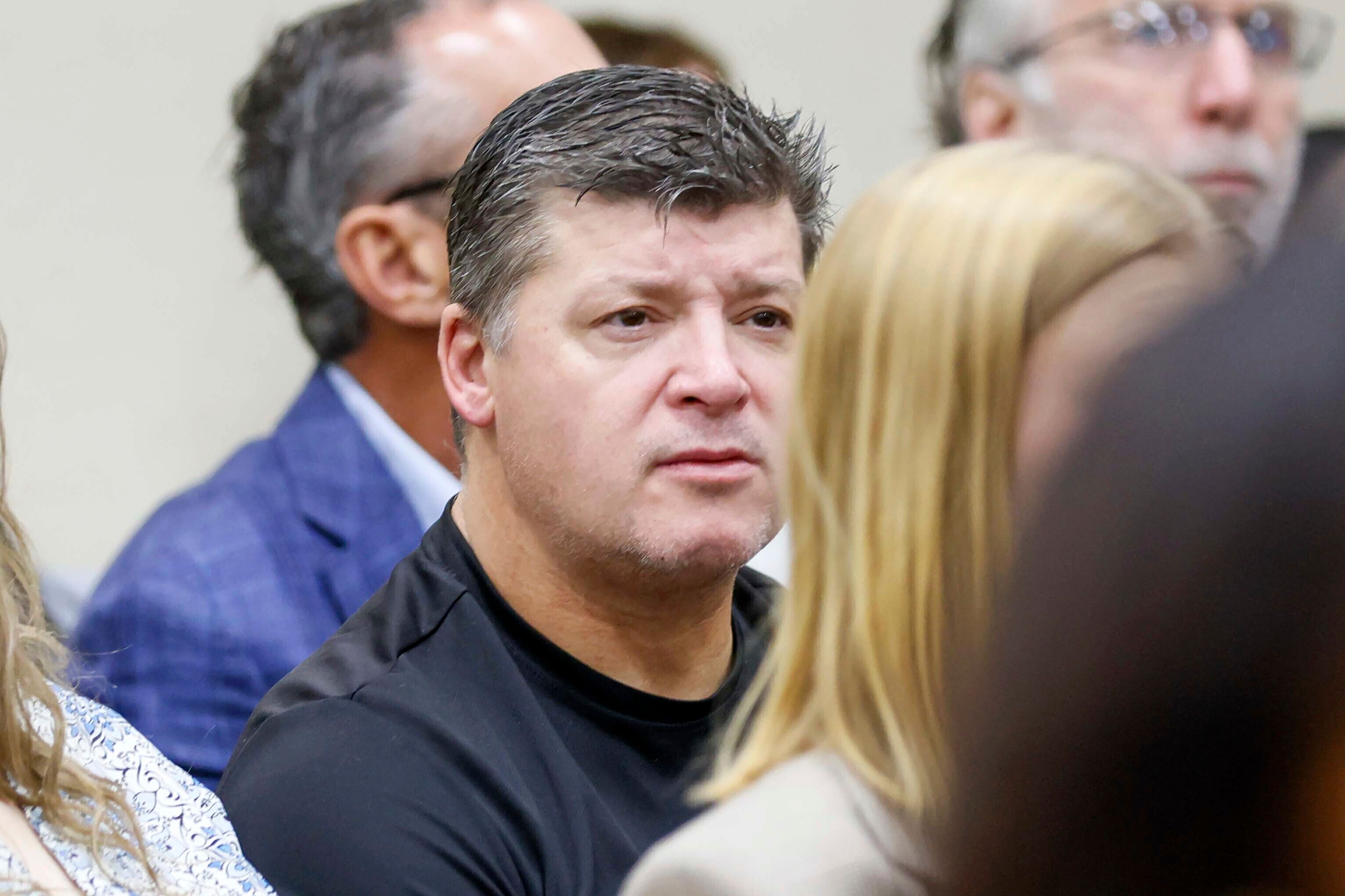 Jason Riley, center, Laken Riley's father, listens during the Jose Ibarra trial at Athens-Clarke County Superior Court on Monday, Nov. 18, 2024, in Athens, Ga. (Miguel Martinez/Atlanta Journal-Constitution via AP, Pool)