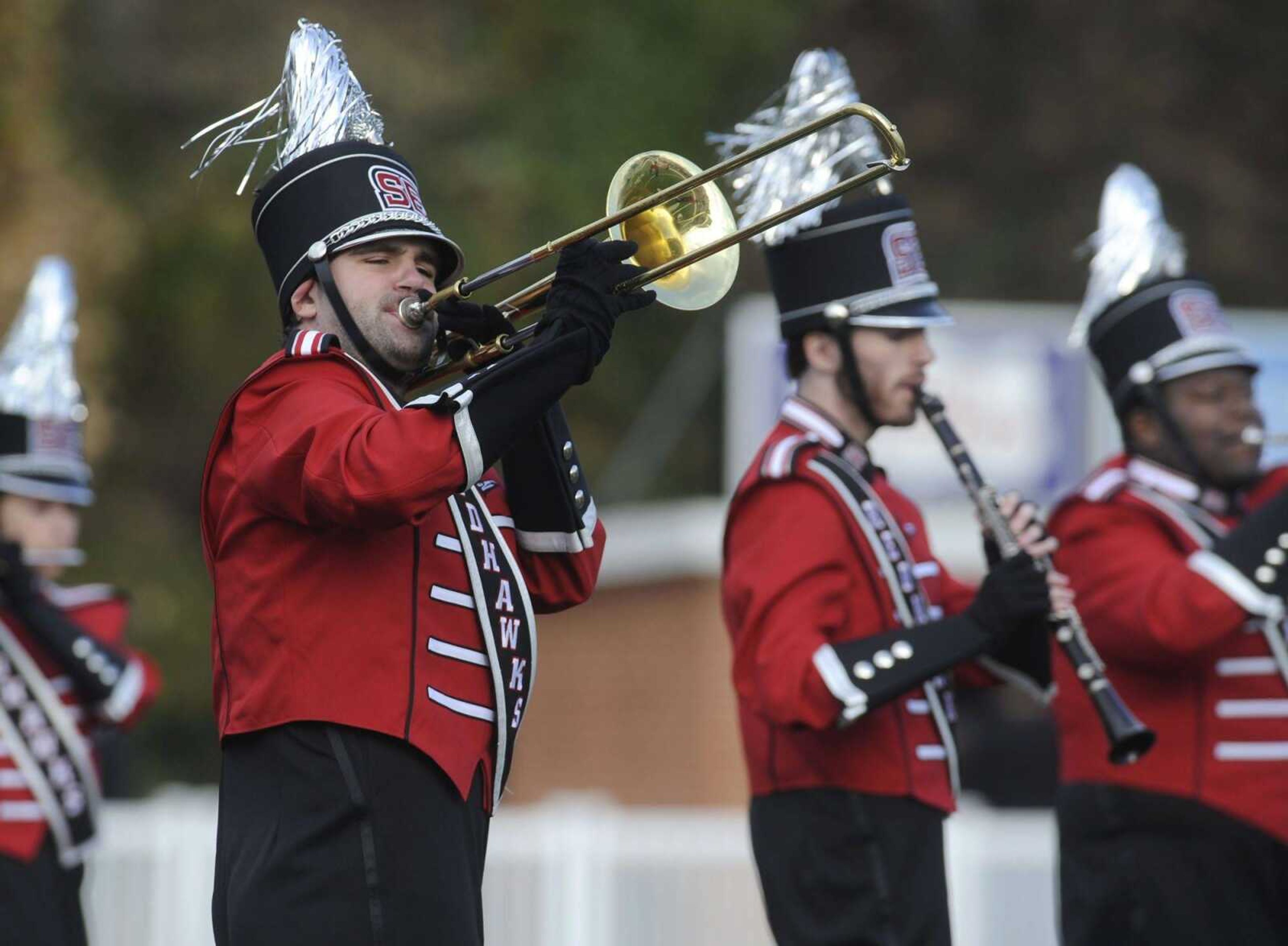 Members of the Golden Eagles Marching Band perform at halftime Saturday, Nov. 22, 2014 at Houck Stadium. (Fred Lynch)